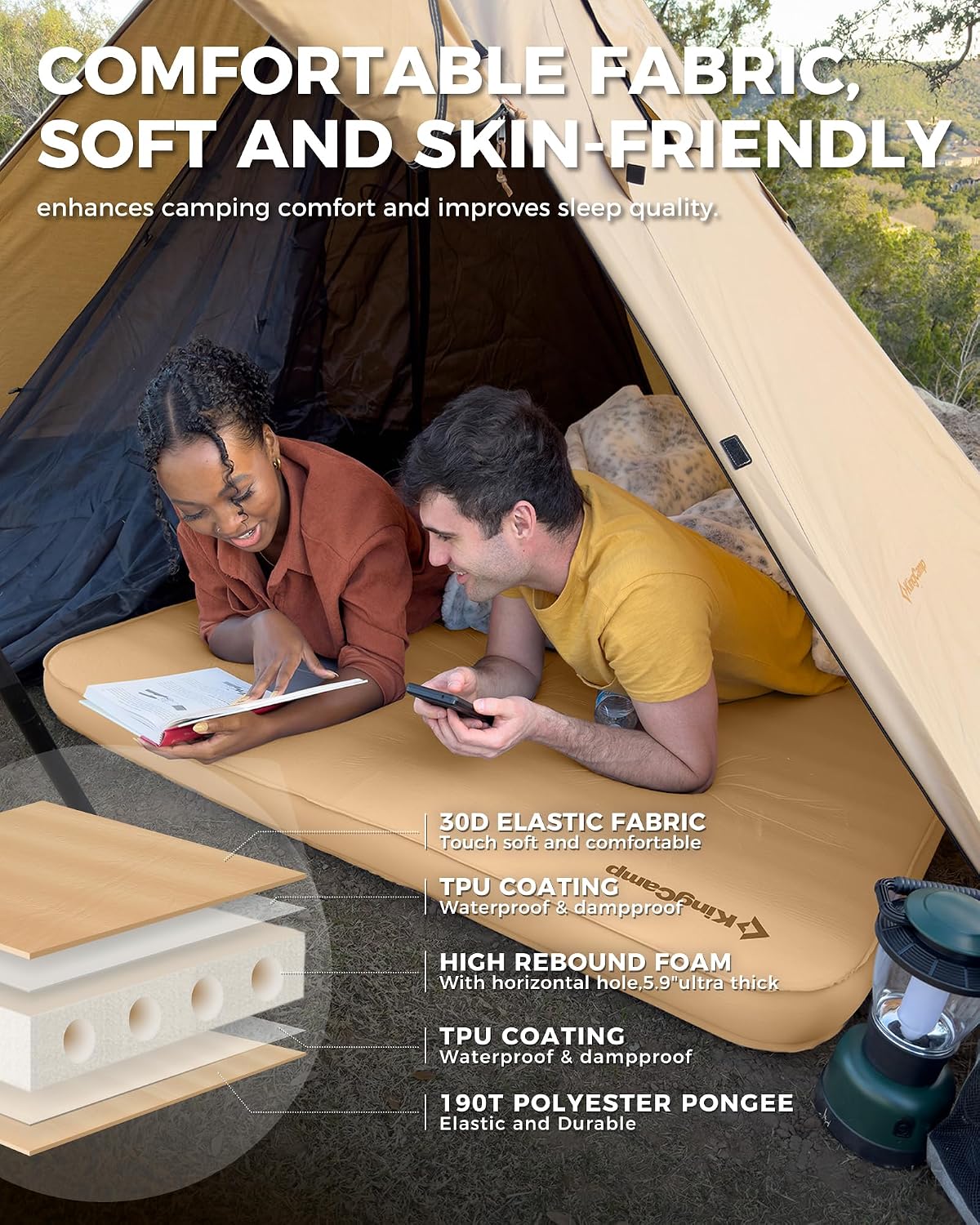 KingCamp Premium Double Camping Mattress, 7.5 R-Value, 2 Person Black