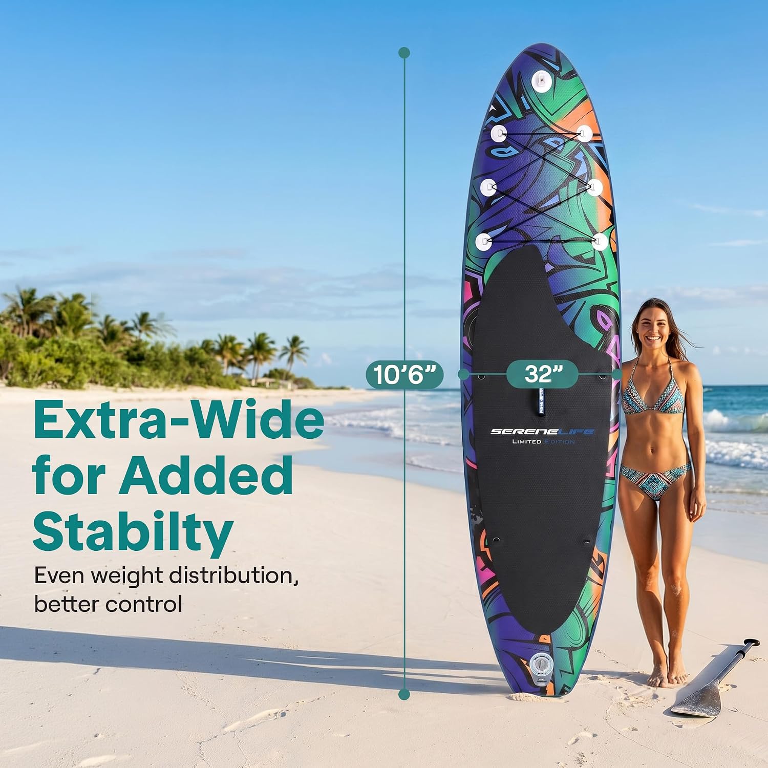 SereneLife 10’6” Inflatable Stand Up Paddle Board with Premium SUP Accessories - 32” Wide Stable Design with Non-Slip EVA Deck Pad