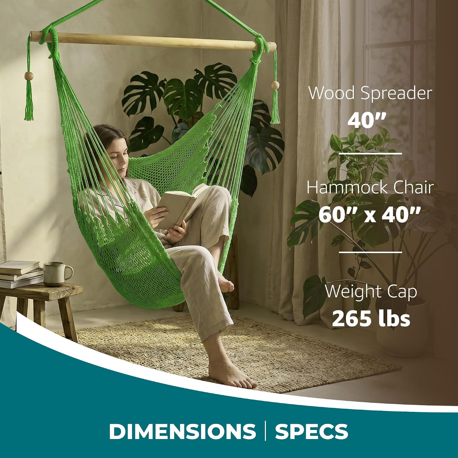 Bliss Hammocks BHC-412NT Island Rope Hammock Chair, Eco Friendly & Hand Woven, Varnish Coated 40 Inch Wood Spreader, Easy to Hang w/Included Hanging Kit, Supports up to 265 pounds, Natural Rope
