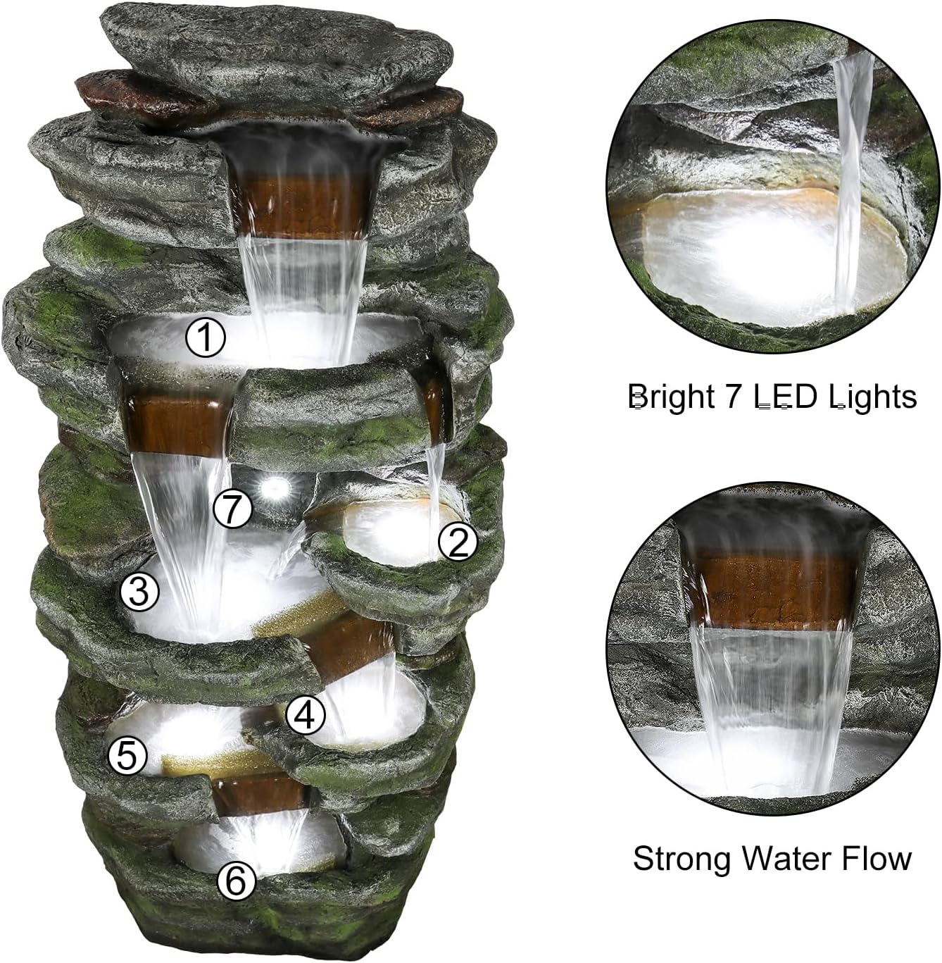 SunJet 40.5” High Rocks Outdoor Water Fountain - 6-Tiers Cascading Waterfall with LED Lights, Soothing Tranquility for Home Garden, Yard Decor