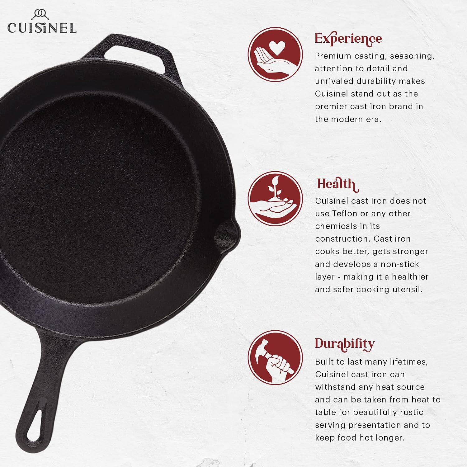 Cast Iron Skillet - 10"-Inch Frying Pan with Pour Spouts + Pan Scraper + Silicone Grip Handle Cover Holder - Pre-Seasoned Oven Cookware - Indoor/Outdoor Use - Stovetop, Induction. PFAS and PFOA-free