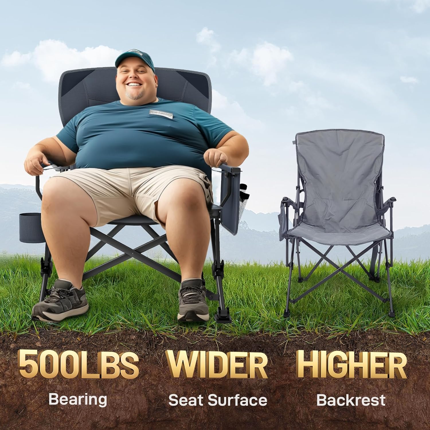 EVER ADVANCED Oversized Folding Camping Chair for Adults with Adjustable Lumbar Support, Heavy Duty Chair with Side Pockets, Portable Collapsible Quad Chair for Outside