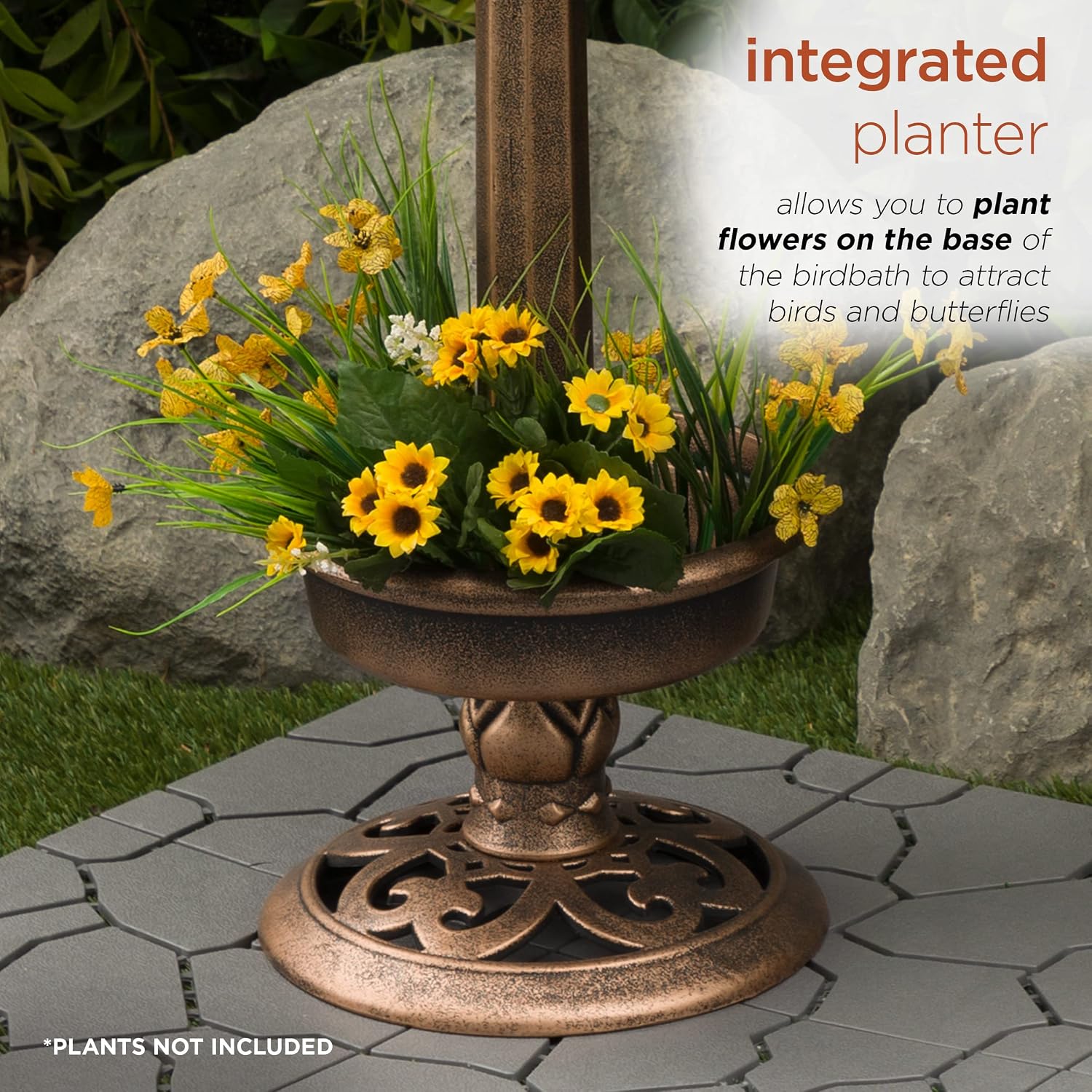 Alpine Corporation | 31" Tall Outdoor Birdbath with 2 Bird Figurines — Shallow and Wide Bird Feeder, Bronze Garden Accent