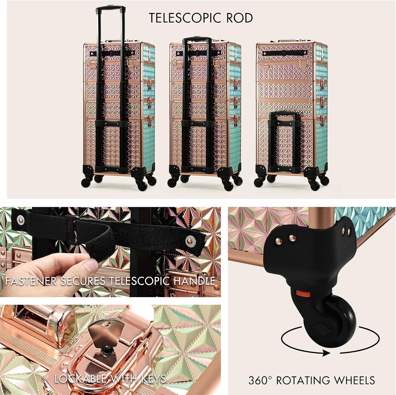 Stagiant Rolling Makeup Case Cosmetology Case on Wheels 4 in 1 Large Cosmetic Organizer Train Case Makeup Travel Case with Key Swivel Wheels Nail