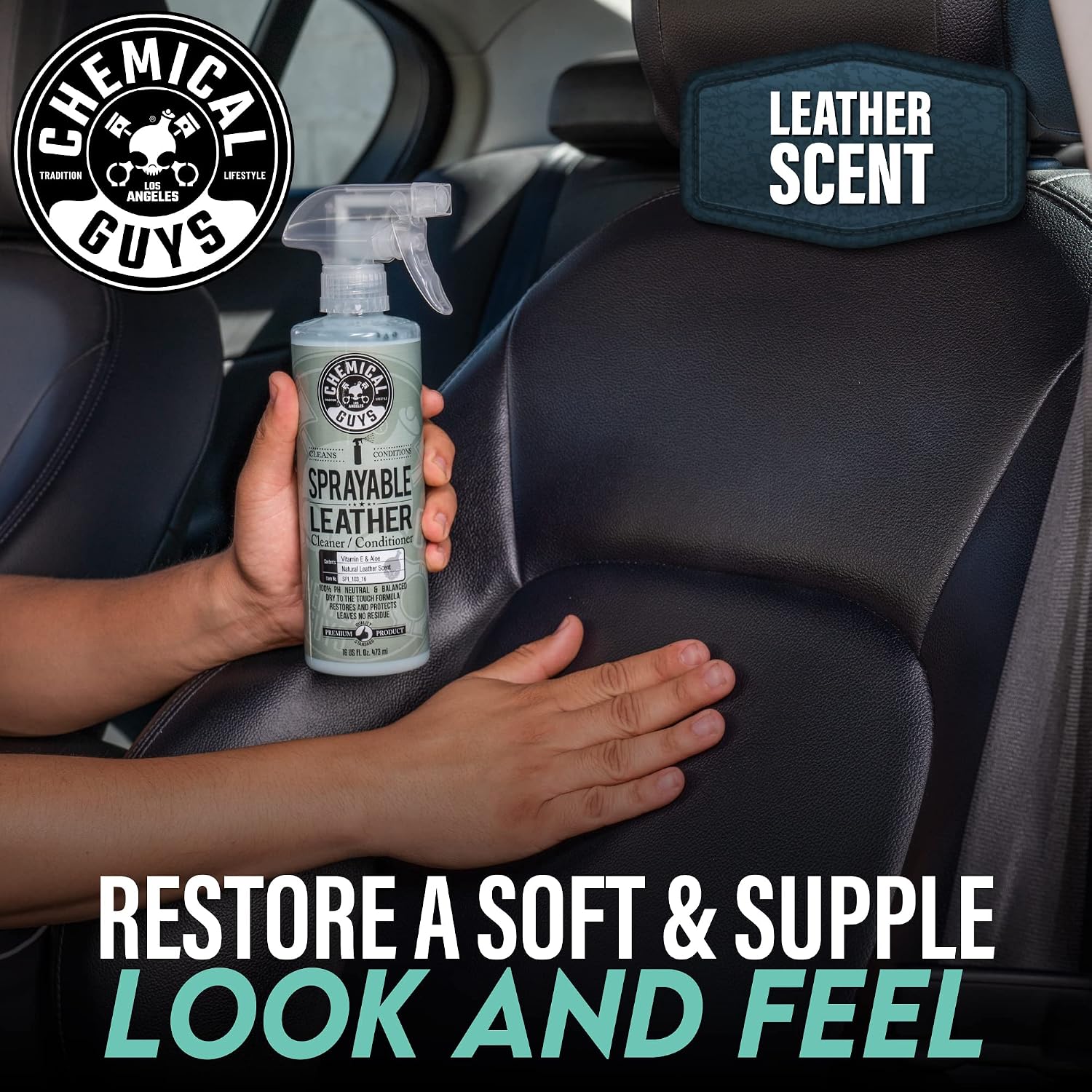 Chemical Guys, Sprayable Leather Cleaner & Conditioner in One Spray, 16 oz | One-step spray cleans and nourishes leather, vinyl and faux on seats, furniture and apparel, dirt lifts away