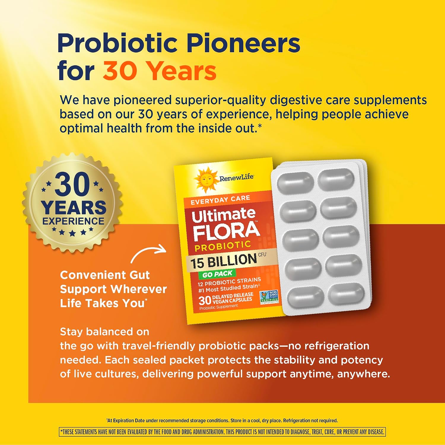 Renew Life Ultimate Flora Probiotic 15 Billion CFU | 30 Delayed Release Vegan Capsules Go Pack | Everyday Care Formula | Dairy, Soy, and Gluten Free Supplement