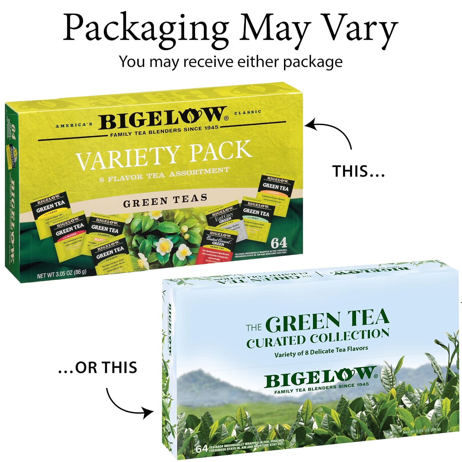 Bigelow Tea Green Tea Assortment, 64 Count (Pack of 1) | Individually Wrapped Tea Bags with Classic, Decaffeinated, Mint, Peach, Constant Comment, Lemon, Mango, and Earl Grey Teas