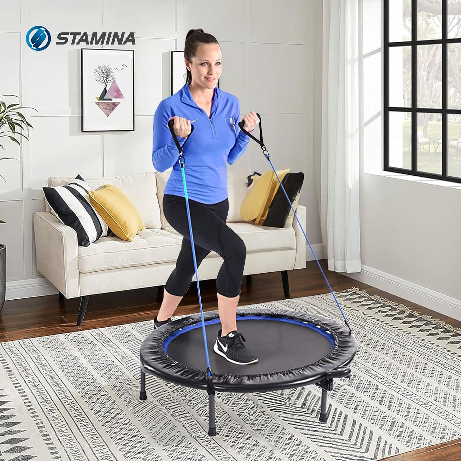 Stamina 36" Foldable Mini Trampoline Rebounder for Adults with Smart Workout App, Black - Portable Fitness Equipment for Home Gym, Cardio and Jumping Training Exercise