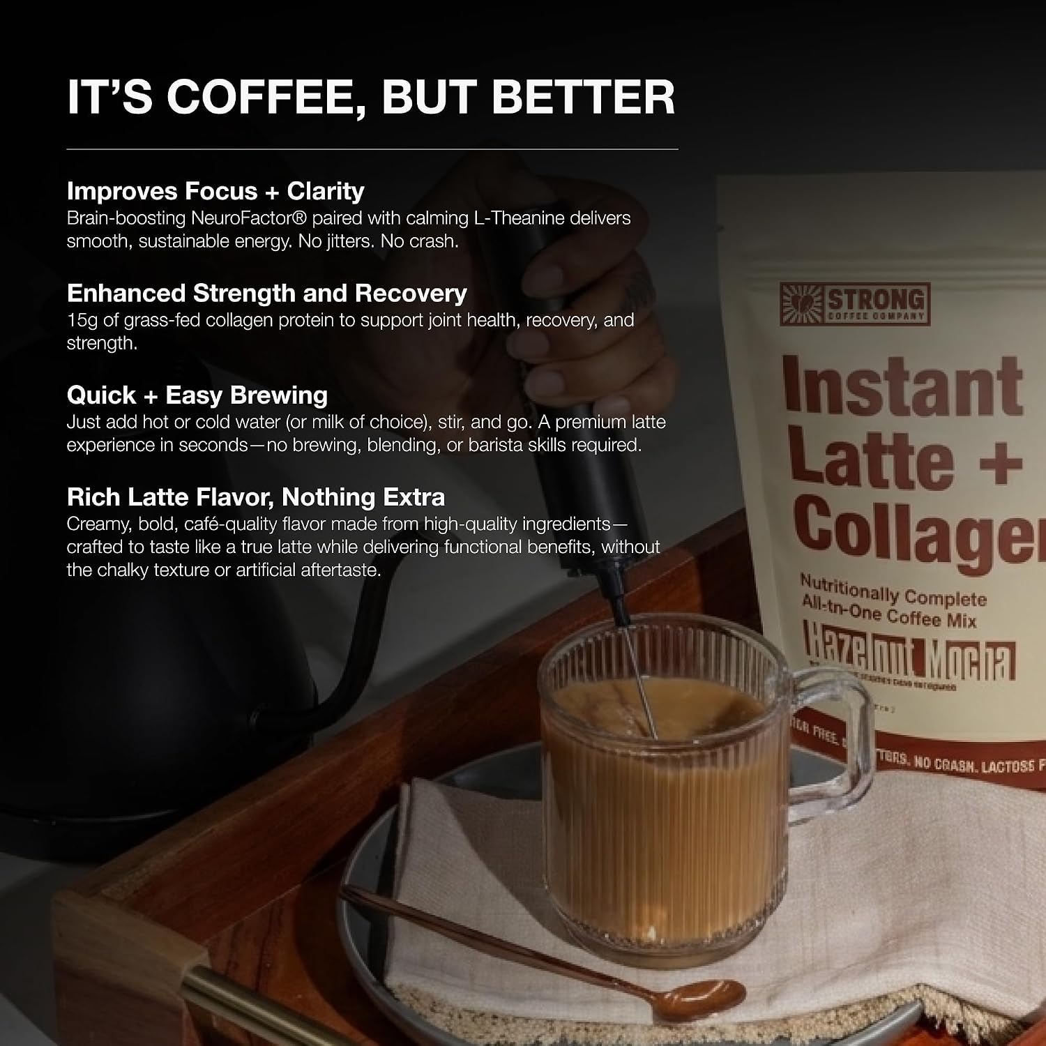 Strong Coffee Co. Hazelnut Instant Latte | 15 Servings | Organic Coffee with Collagen Protein | Lion’s Mane & L-Theanine | Adaptogens & Nootropics