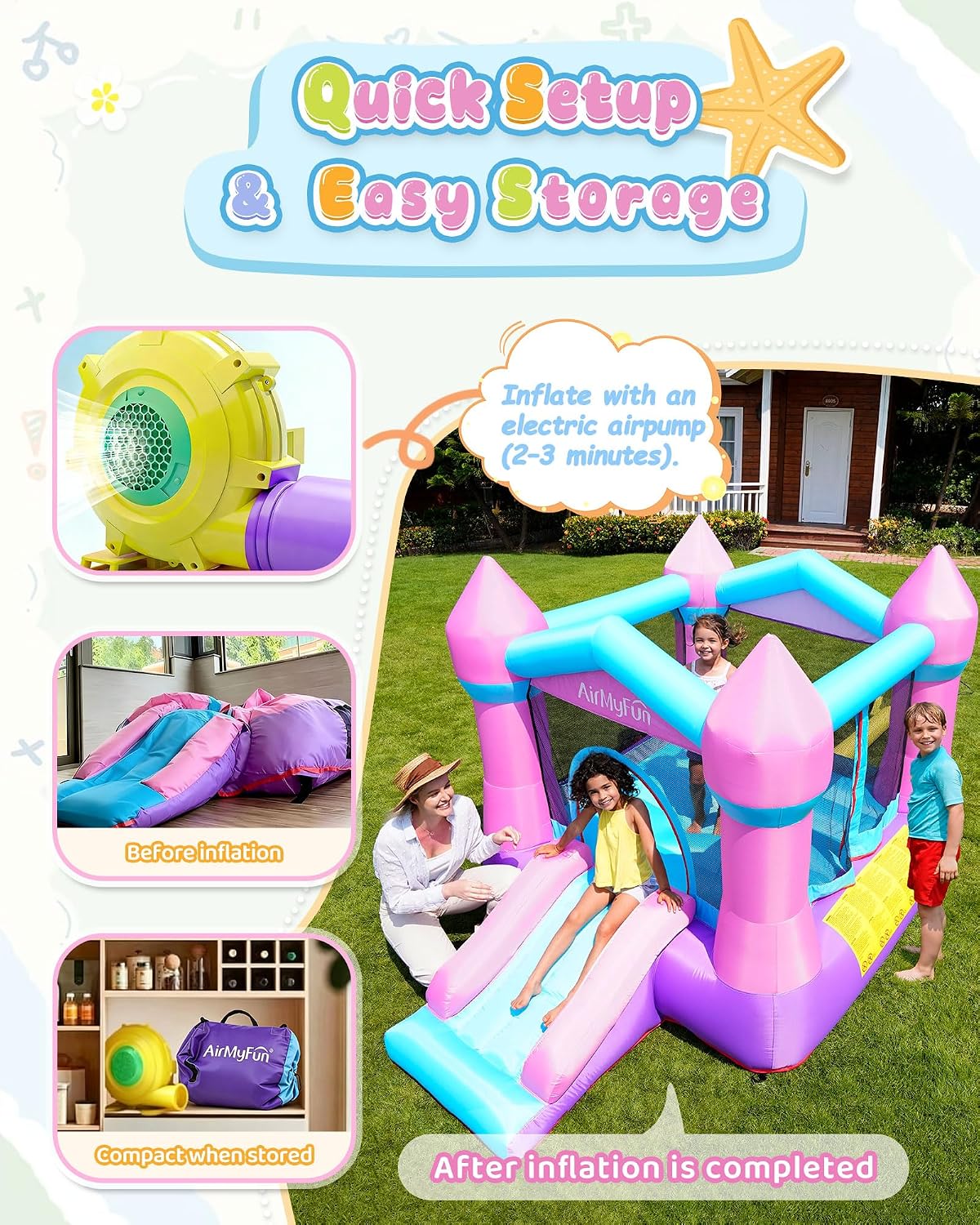 AirMyFun Pink Inflatable Toddler Bounce House with Blower, Indoor/Outdoor Jumping Castle for Kids 3-8, Inflatable Bouncy House with Slide, 82011B