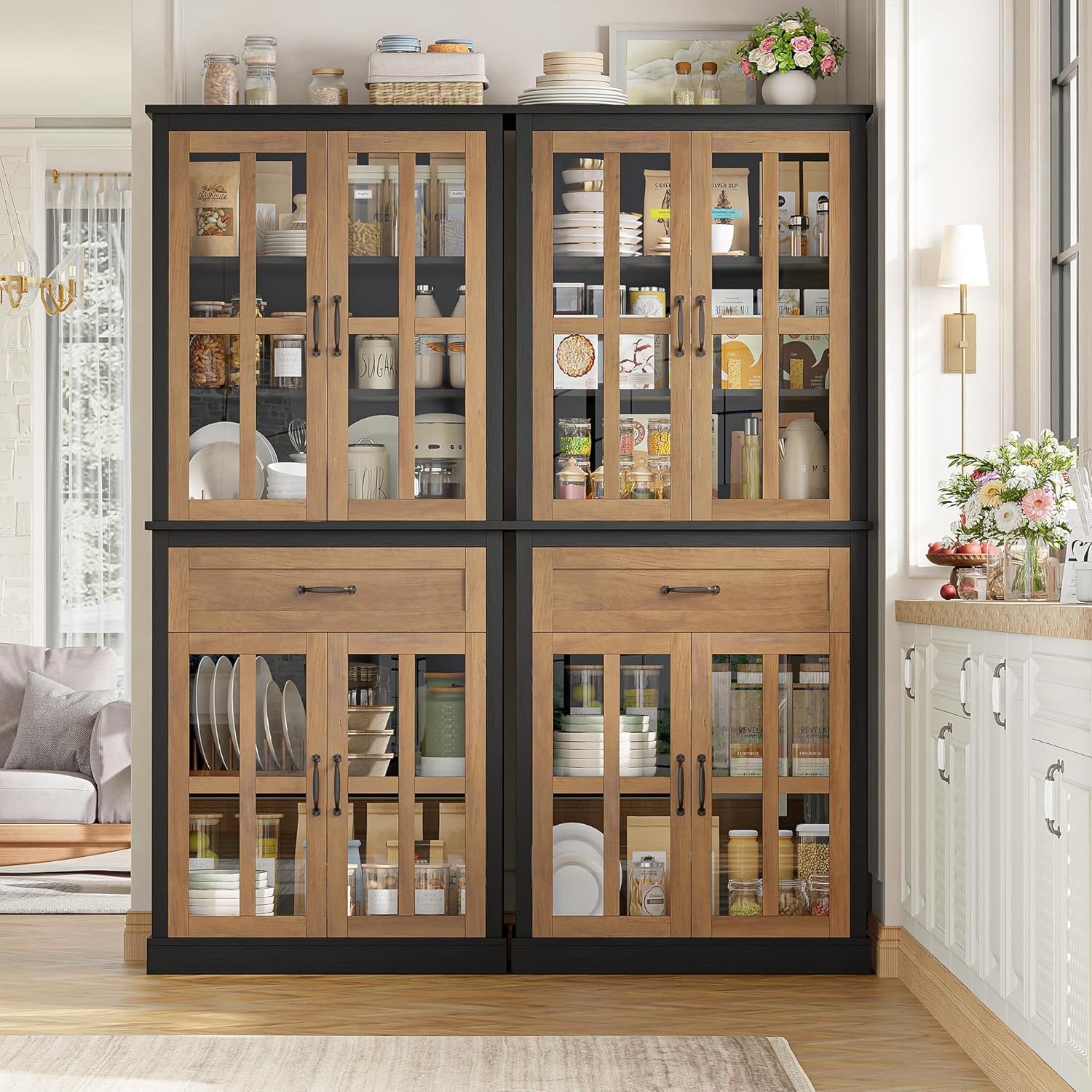 FOTOSOK 71'' Tall Kitchen Cabinet with Glass Doors and Drawer | Freestanding Food Pantry with Adjustable Shelves for Dining, Living Room, Natural