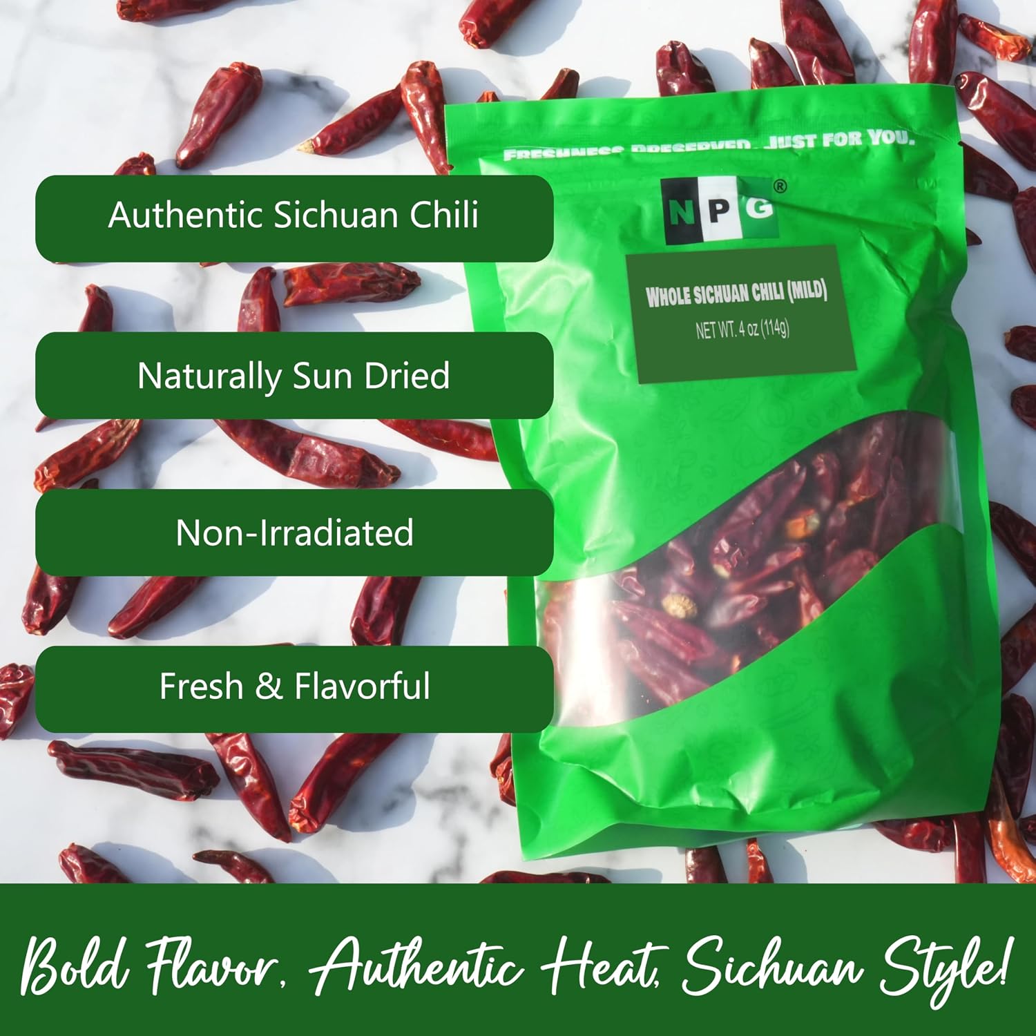 NPG Sichuan Dried Red Chili Peppers 4 Oz, Mild Hot, Whole Chili Peppers