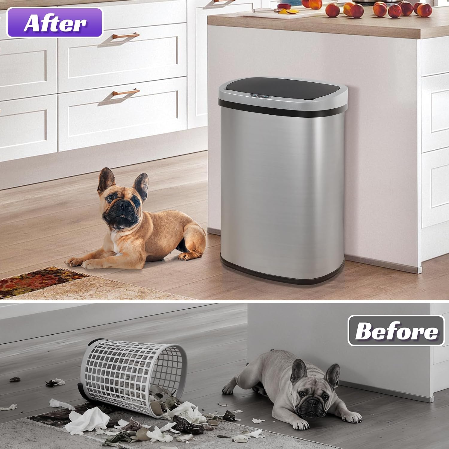 13 Gallon Touch-Free Automatic Stainless-Steel Trash Can Garbage Can Metal Trash Bin with Lid for Kitchen Living Room Office Bathroom, Electronic Motion Sensor Automatic Closure & Opening