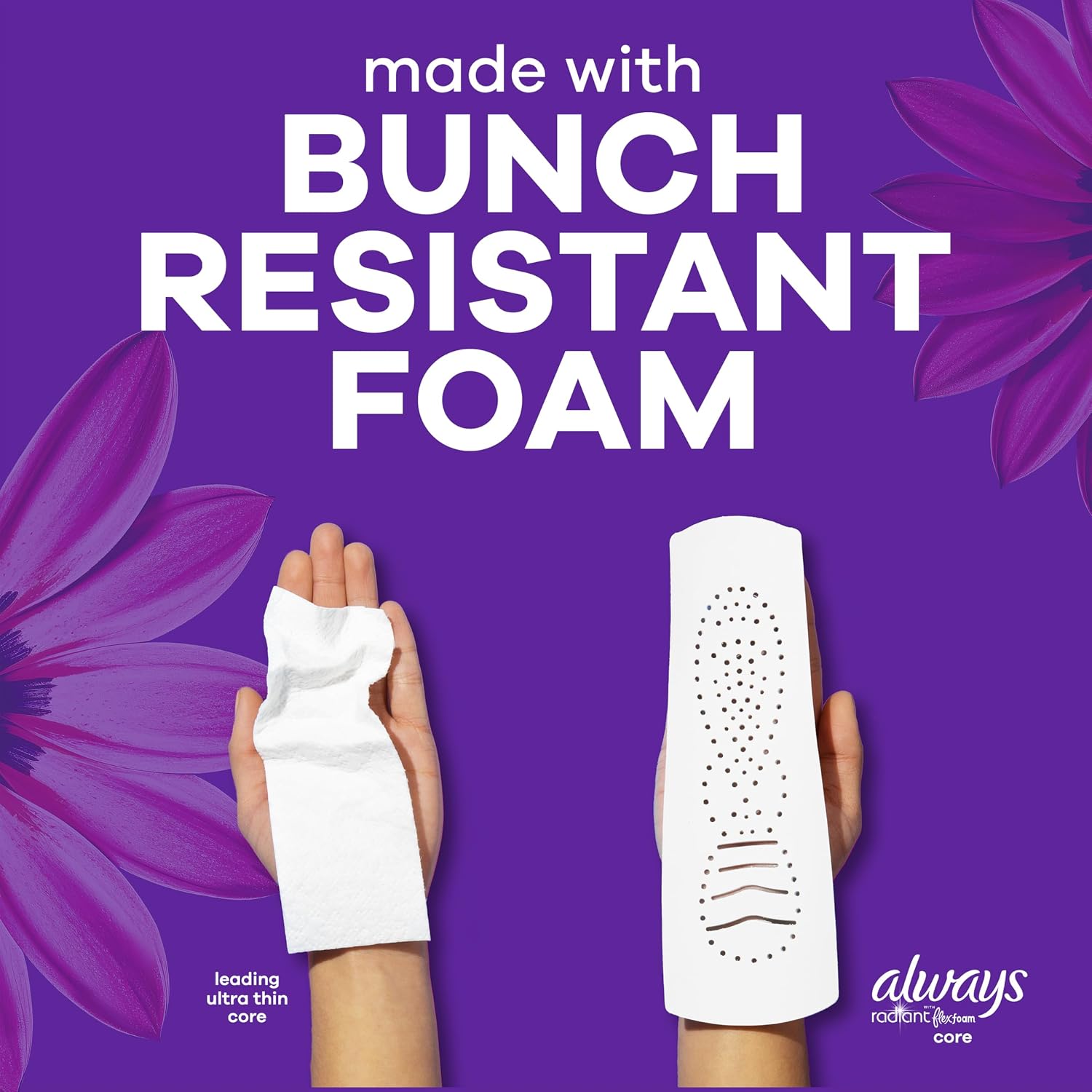 Always Radiant Feminine Pads for Women, Flexfoam Pads with Wings, Size 4, Overnight Absorbency, Lightly Scented, 60 Count (3 Packs of 20)