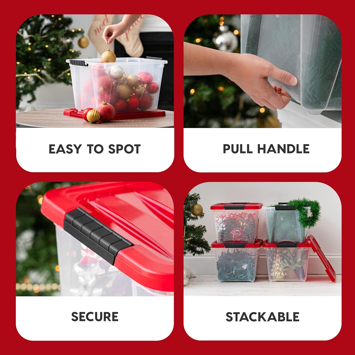IRIS USA 2-Pack Holiday Ornament Storage Box with Attached Lid, Clear/Red