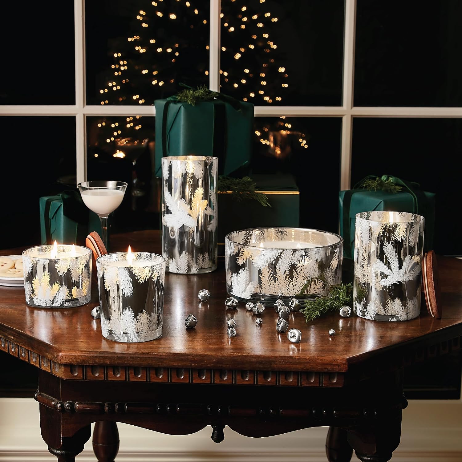 Thymes Frasier Fir Candles - Statement Collection - Silver with Pine Needle Design - Scented Candles for Home Decor - Notes of Siberian Fir Needles, Cedarwood & Sandalwood - Large 4 Wick (40 oz)