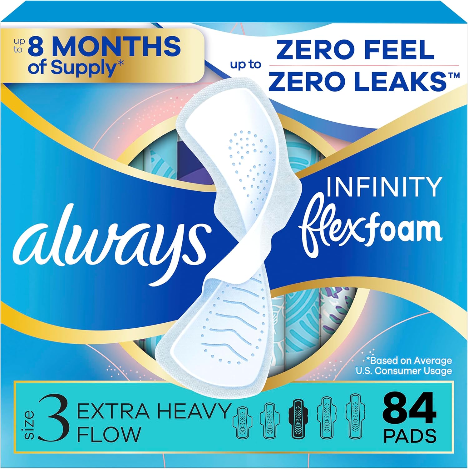 Always Infinity Feminine Pads for Women, Size 3, Extra Heavy Flow, with Wings, Unscented, 28 CT