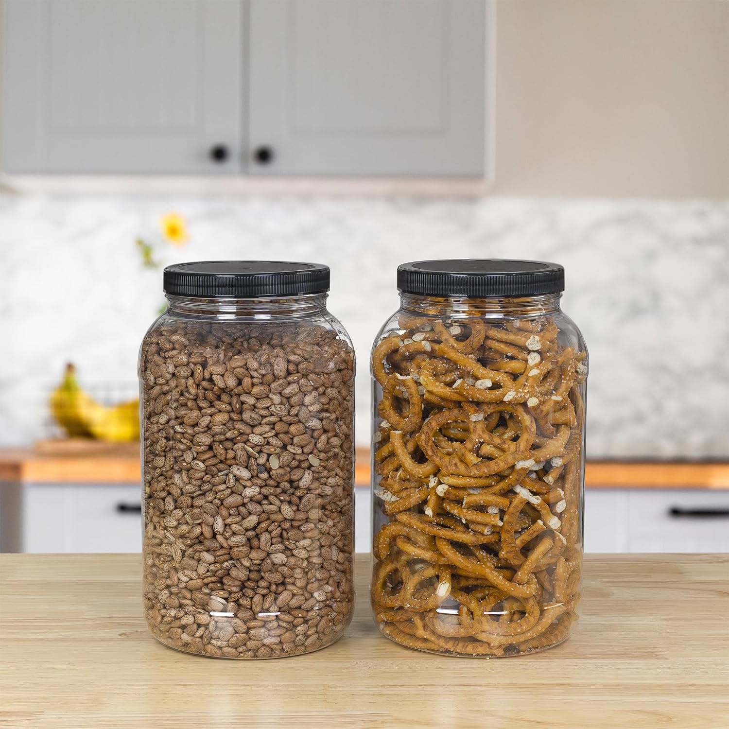 Cornucopia Brands Gallon Plastic Jars (2-Pack); Clear Round Containers w/Black Ribbed Lids, BPA-Free 4-Quart Large Size