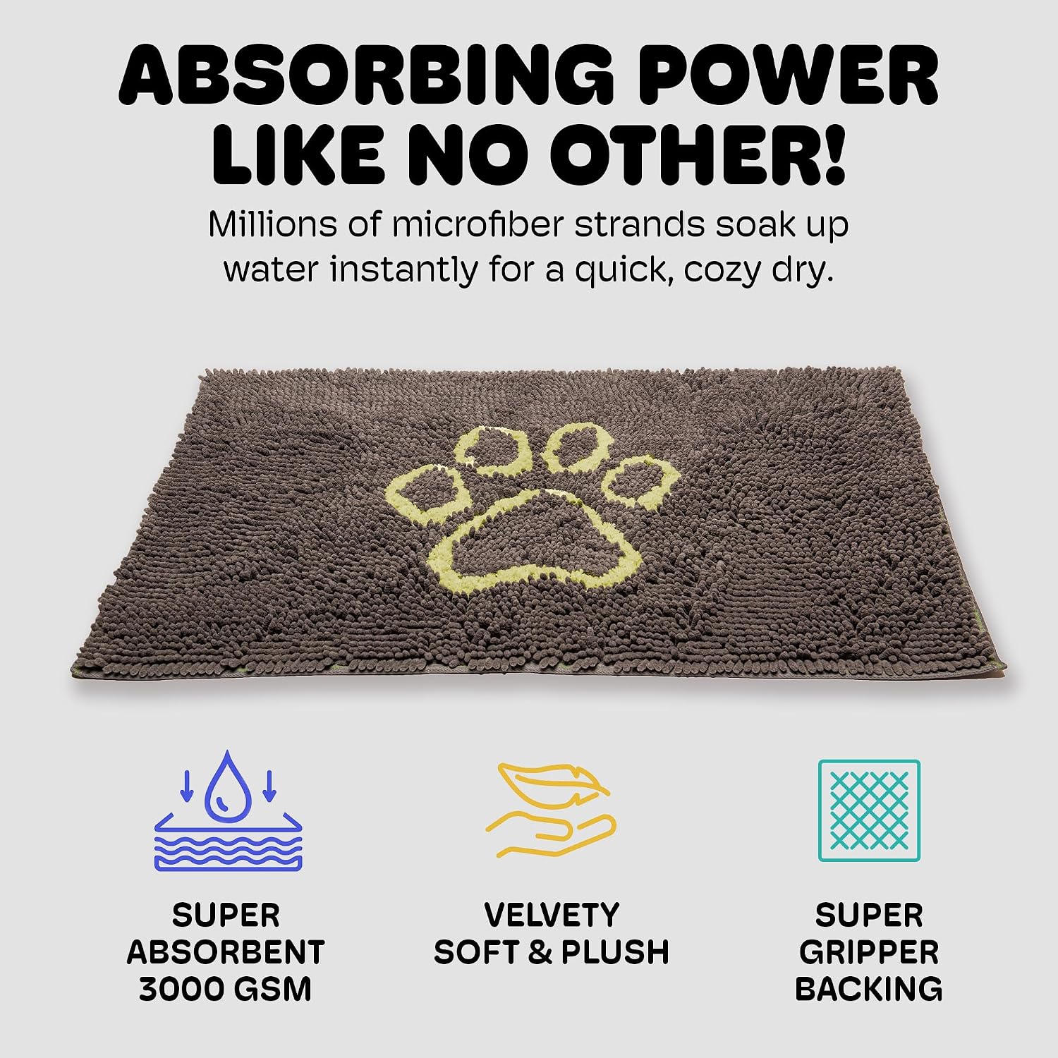 Dog Gone Smart Dirty Dog Doormat - Fast Drying Rug with Super Gripper Backing for Clean Floors - Super Absorbent and Machine Washable Mat for Muddy Paws - Grey