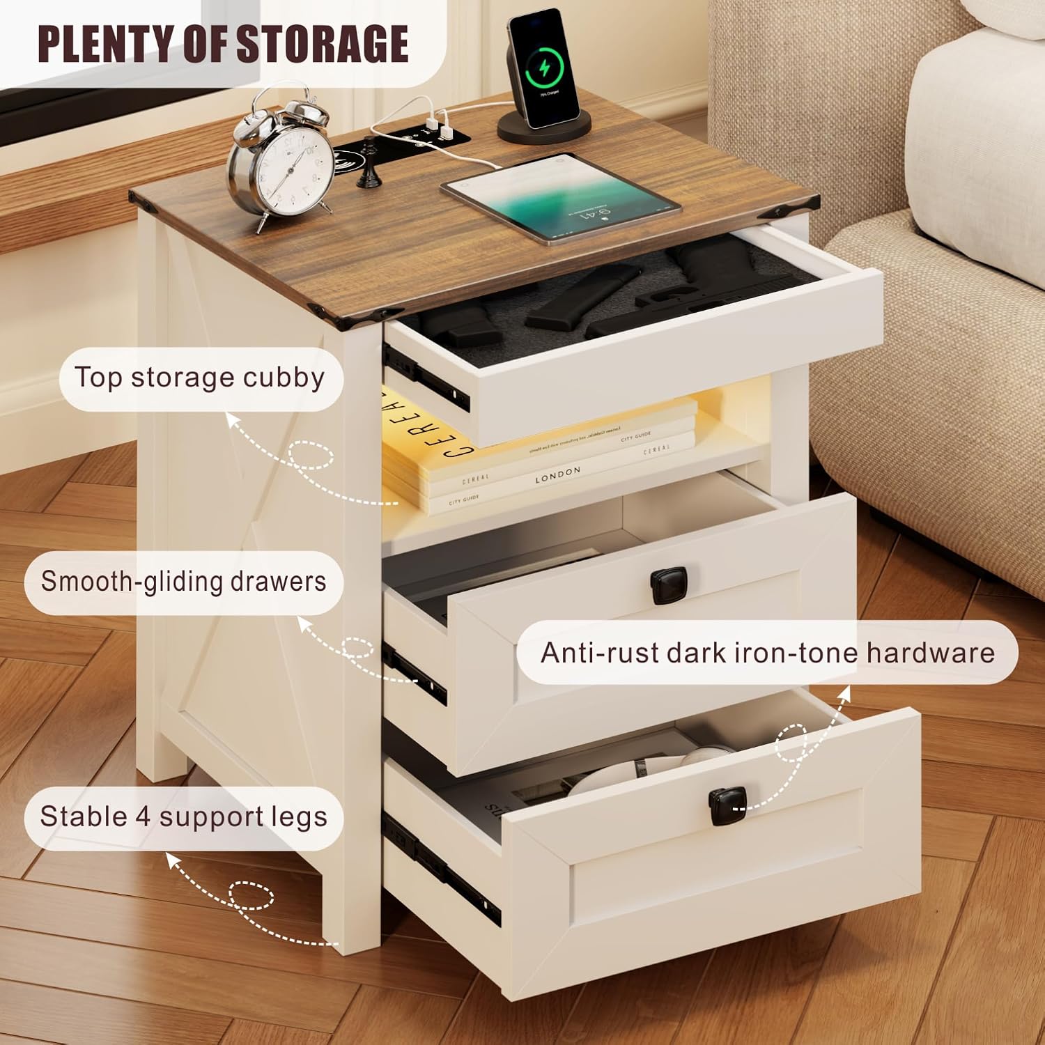 Farmhouse LED Nightstand with Gun Drawer&Invisible Lock,Modern Bedside Table with Human Sensor Design,Rustic Side Table with Wireless Charging for Living Room, Dark Oak