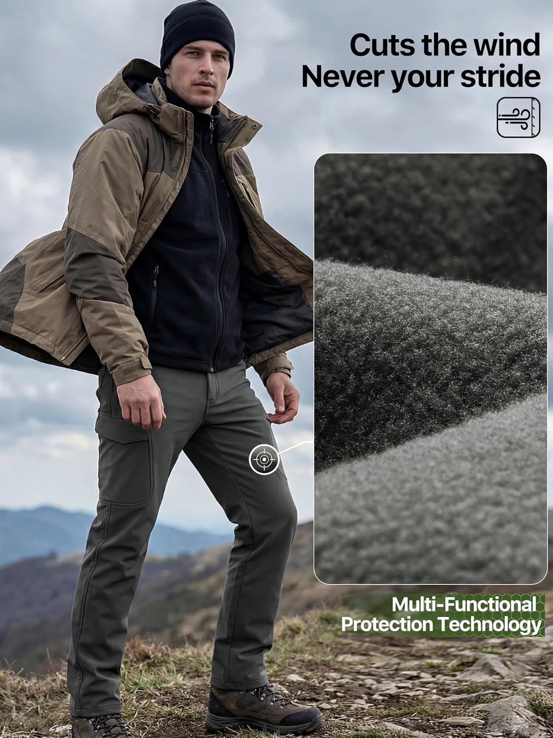 FREE SOLDIER Men's Outdoor Softshell Fleece Lined Cargo Pants | Snow Ski Hiking Pants with Belt, Waterproof Winter Pants, Insulated Work Pants, Breathable Windproof Insulated Pants