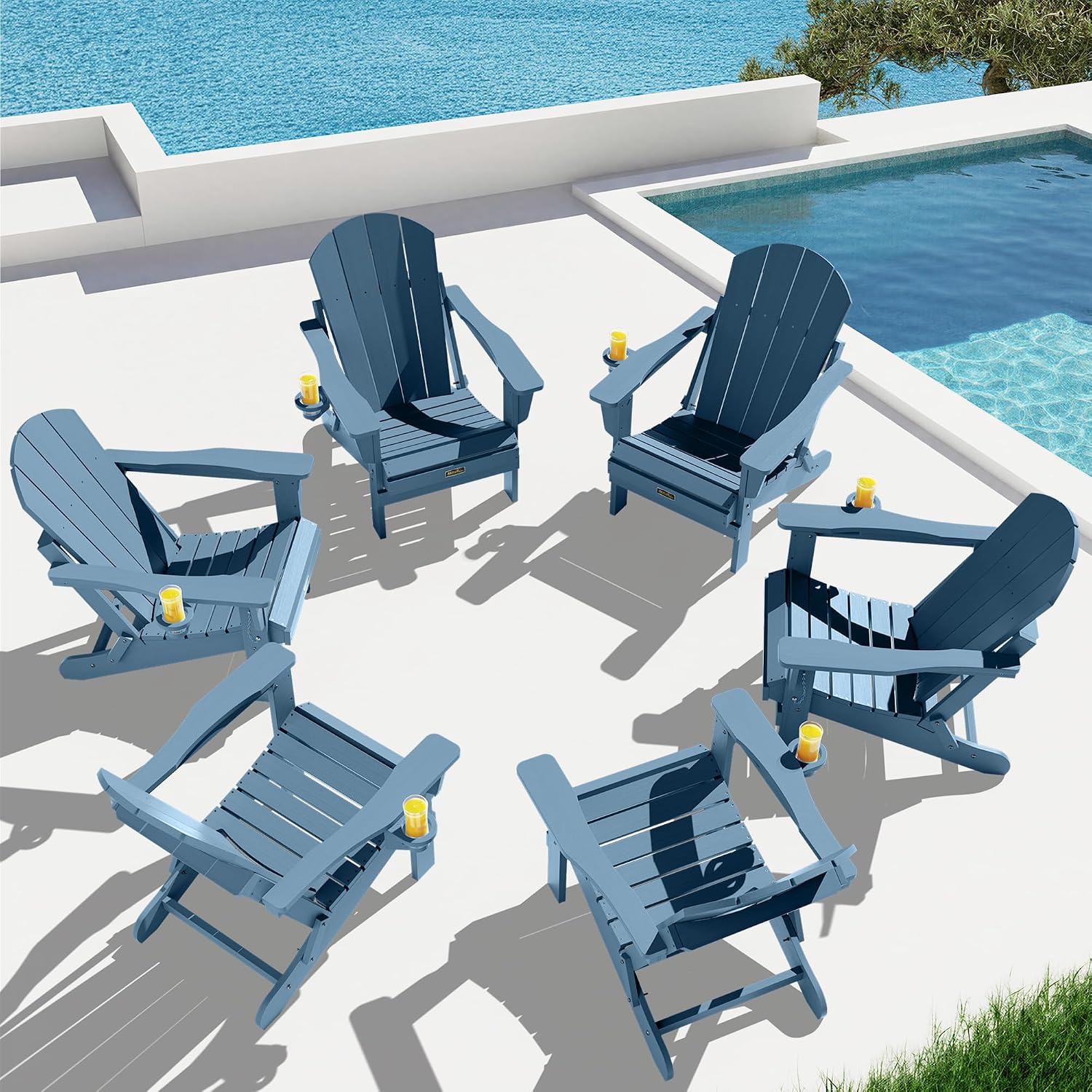 SERWALL Folding Adirondack Chairs with Cup Holder, Outdoor Fire Pit - Blue