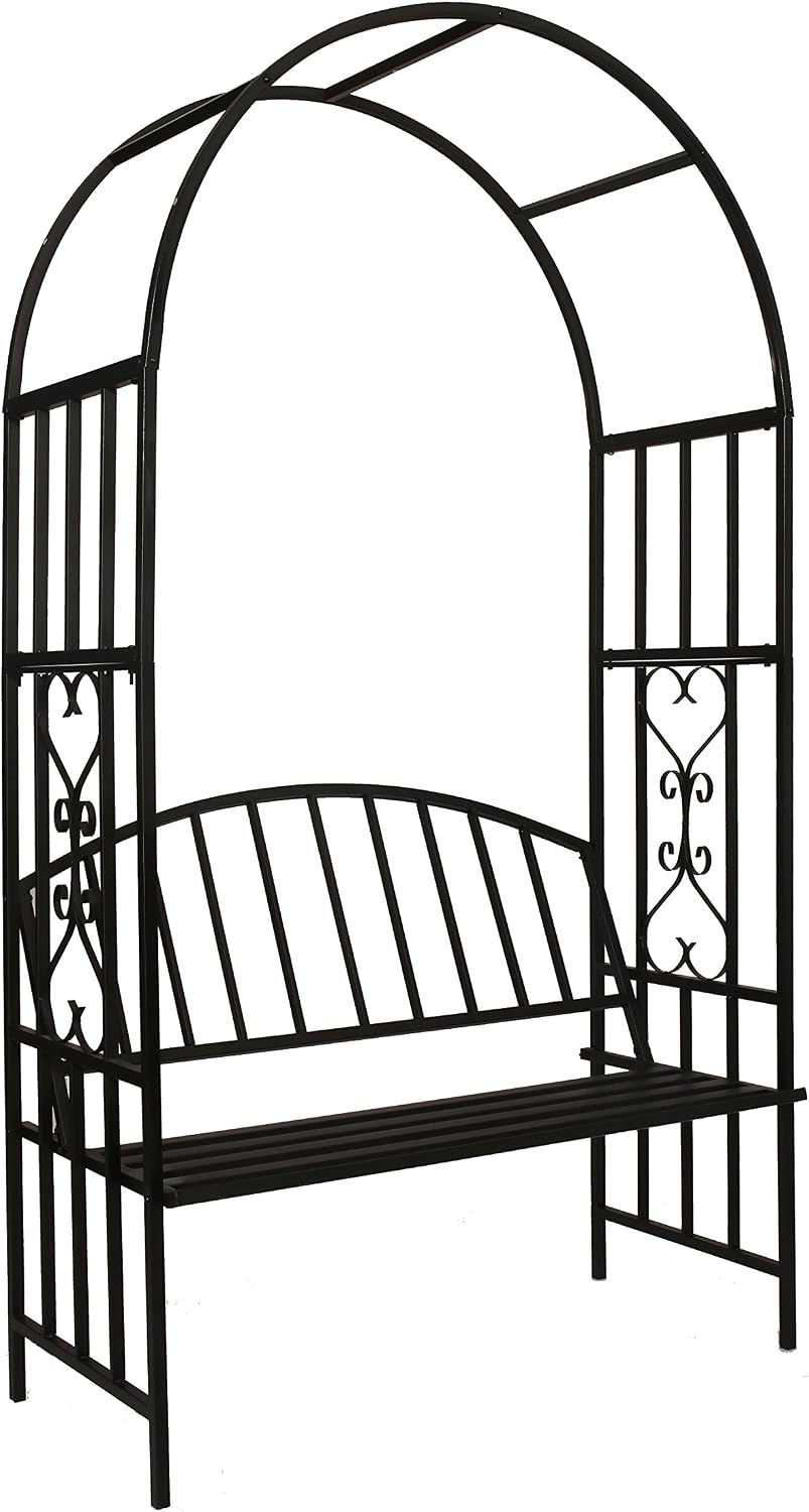 Steel Garden Arch with Seat for 2 People, 6'7" High x 3'7" Wide, Garden Arbor for Various Climbing Plant, Outdoor Garden Lawn Backyard