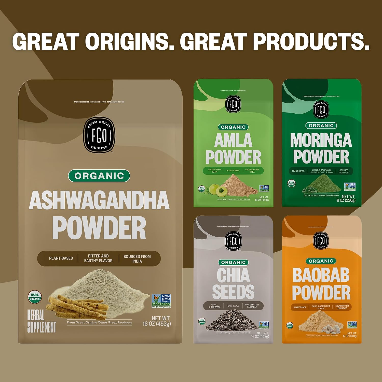 FGO Organic Ashwagandha Root Powder, 16oz Resealable Bulk Bag, Non-GMO, Indian Ginseng, Withania Somnifera, Sourced from India (Pack of 1)