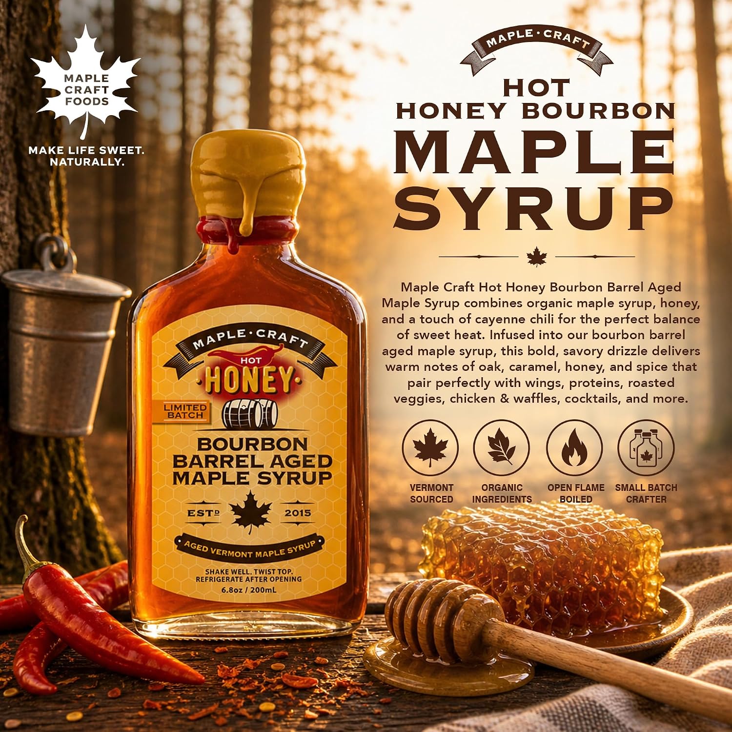 Maple Craft Foods Salted Caramel Maple Syrup – Organic Vermont Maple Syrup with Natural Caramel Flavor & Salt, Gourmet Flavored Syrup for Pancakes, Coffee, Baking and Desserts, 6.8 oz