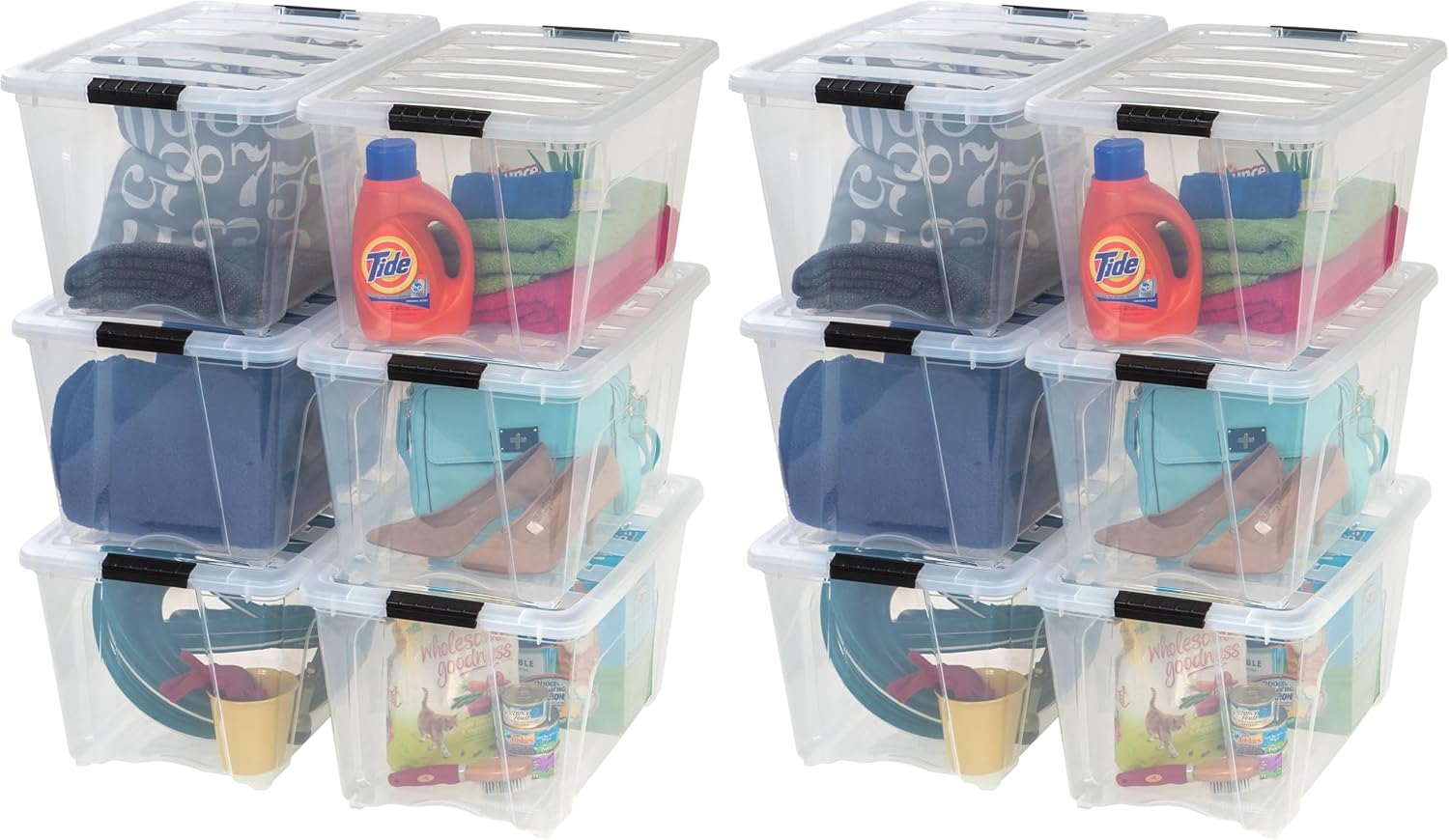 IRIS USA 6-Pack 54 Quart Storage Bins with Lids, Clear | Transparent design makes contents easy to find. Perfect for moving, blankets, clothing, and garage storage. Nestable design