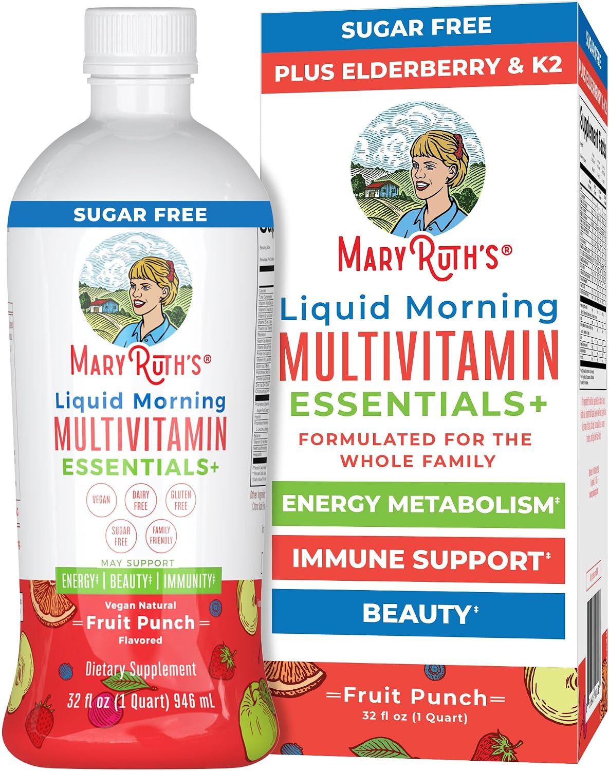MaryRuth's Liquid Morning Multivitamin Essentials+, 2 Flavors, Vegan, 32oz