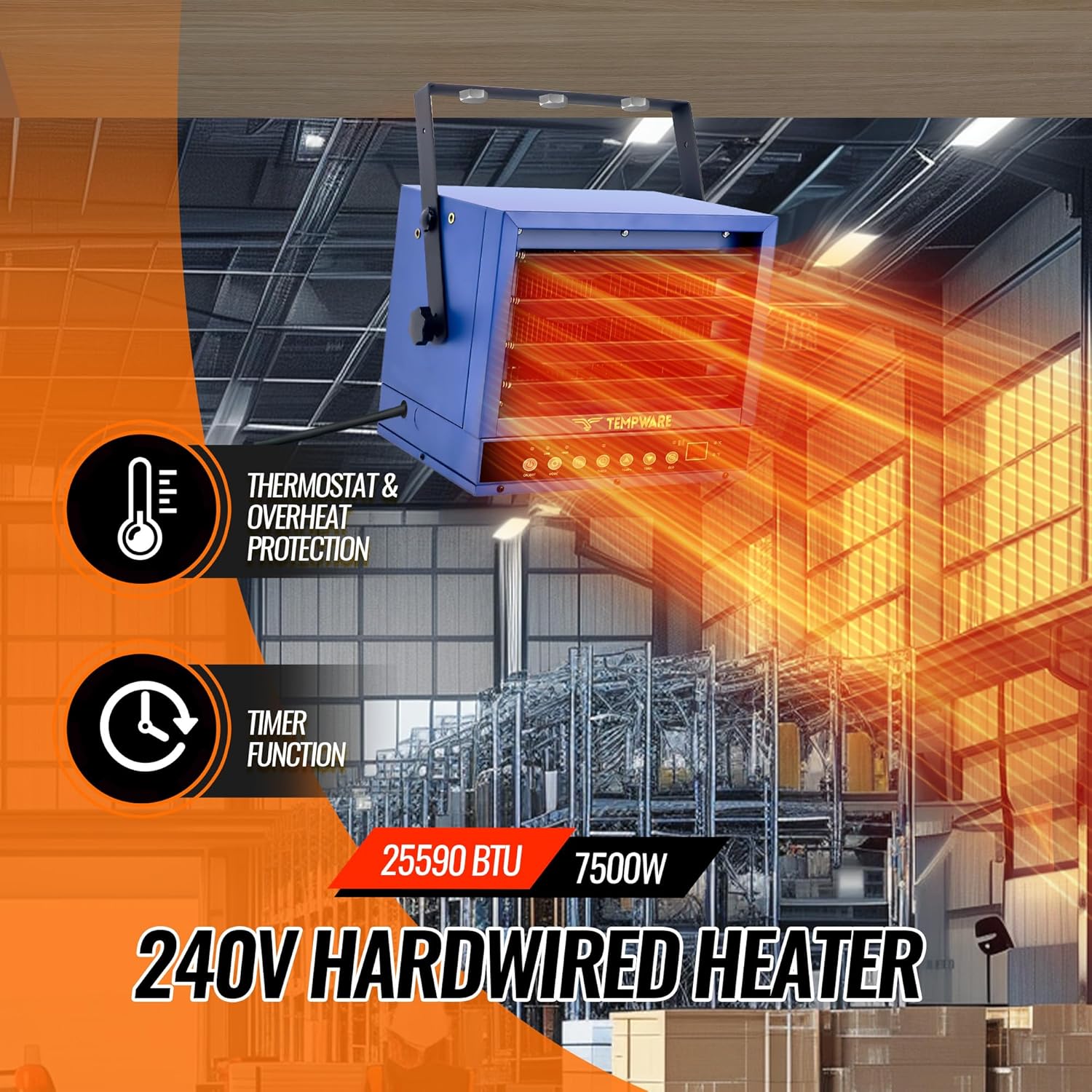 TEMPWARE 240V Hardwired Electric Garage Heater 7500W with Remote Control | Fan-Forced Shop Heater with 12H Timer, Overheat Protection