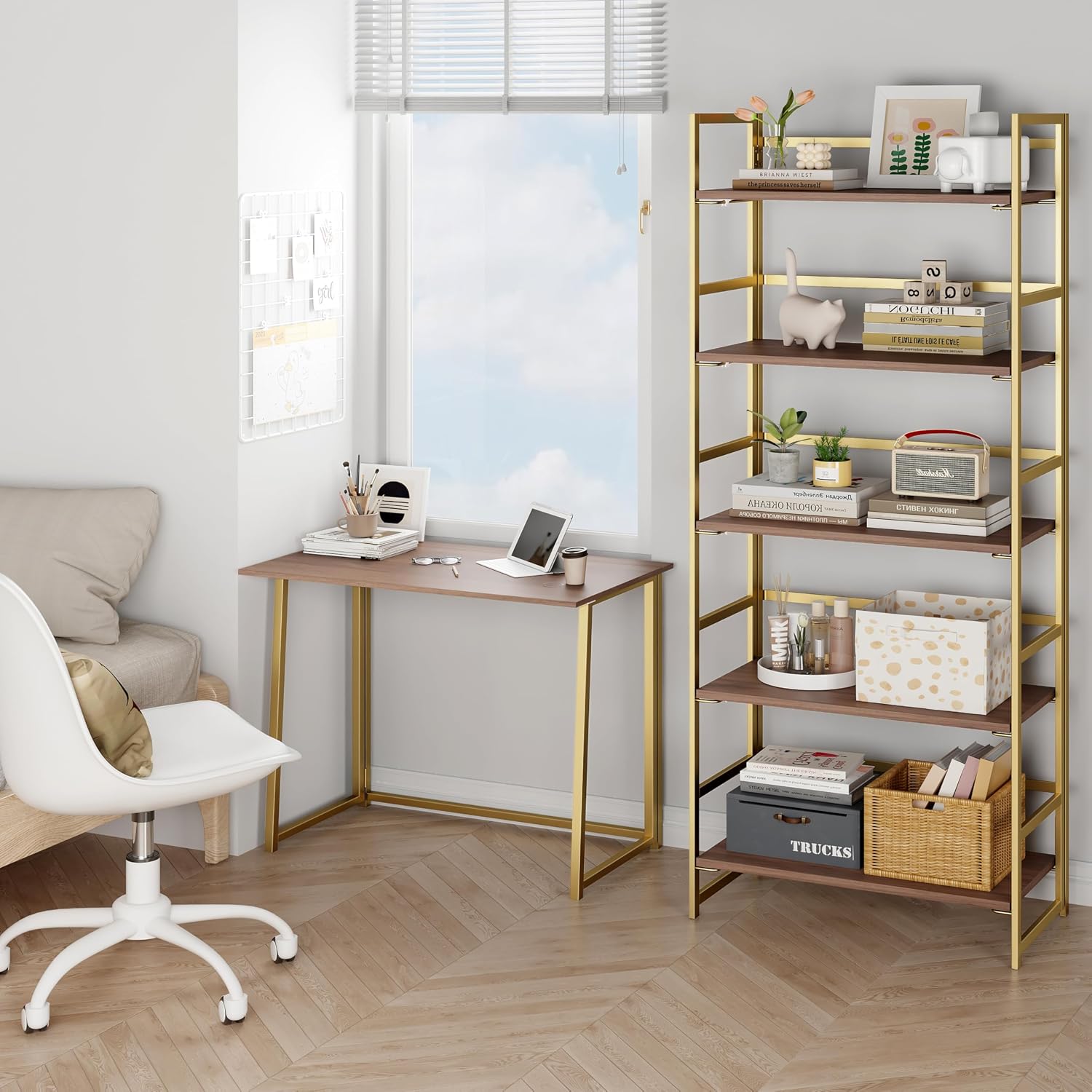 Vintage Multifunctional Folding Bookshelf, No-Assembly Plant Stand Storage Rack Shelves for Home Office (Fire, 5-Tier)