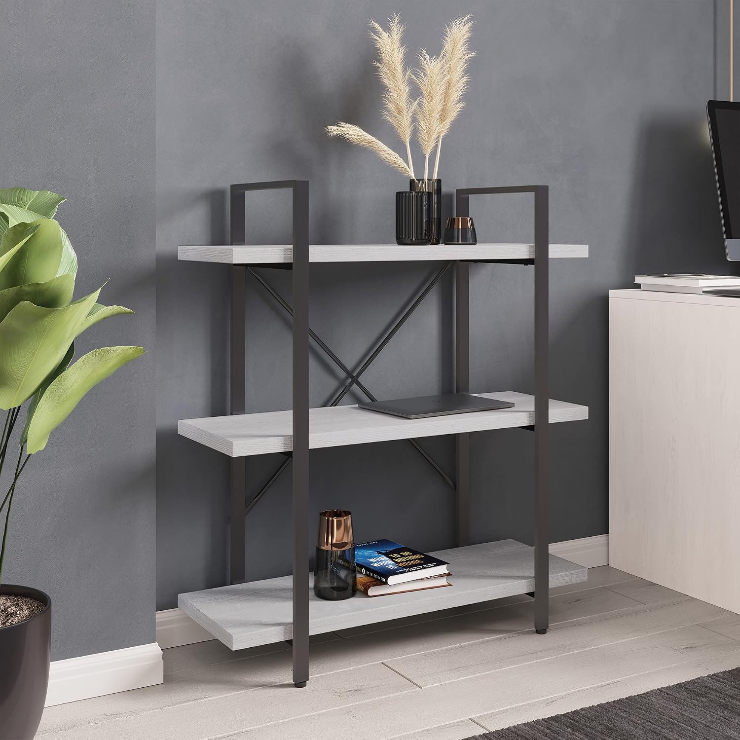BELLEZE 4 Tier Modern Rustic Industrial Bookshelf, Open Wide Office Etagere Book Shelf