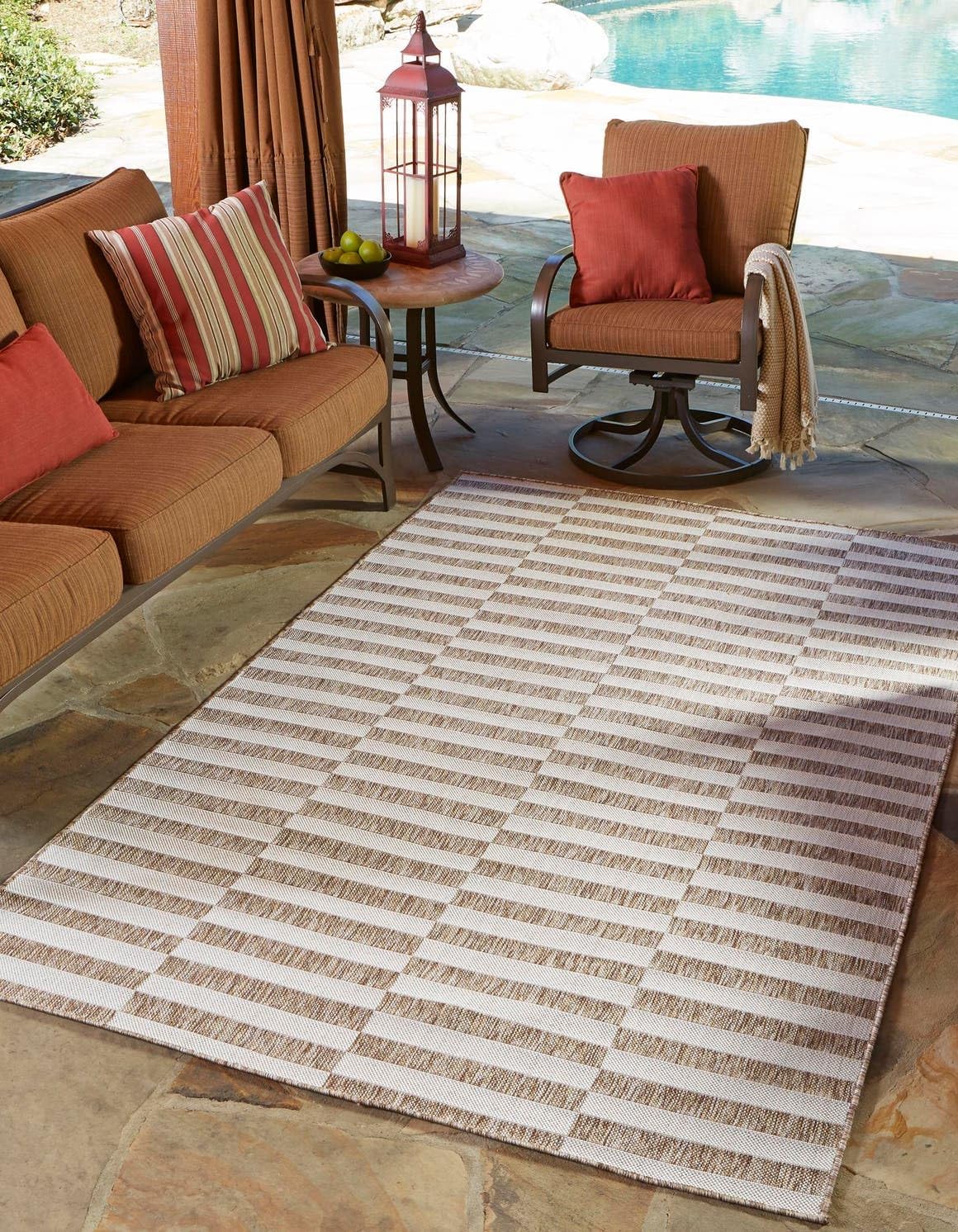 Unique Loom Outdoor Striped Collection Area Rug - Striped (7' 1" x 10' Rectangle, Taupe/Ivory)