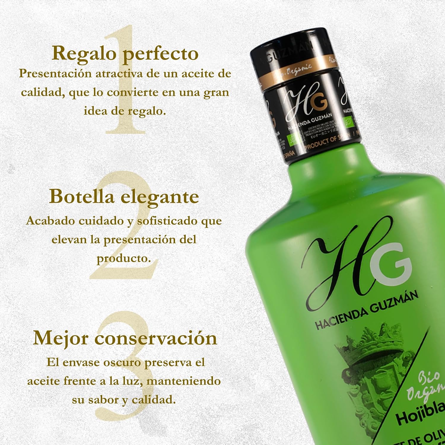 HACIENDA GUZMÁN - Organic and Bio Extra Virgin Olive Oil Hojiblanca. Ideal for grilled or fresh vegetables and white fish. Available in 16.9 FL OZ