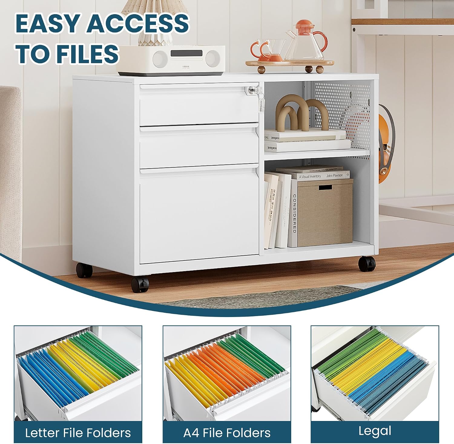 MIIIKO 3 Drawer File Cabinet with Lock, Metal Lateral Rolling Printer Stand Filing Cabinets for Home Office Storage,A4, Letter,File Folders(White)
