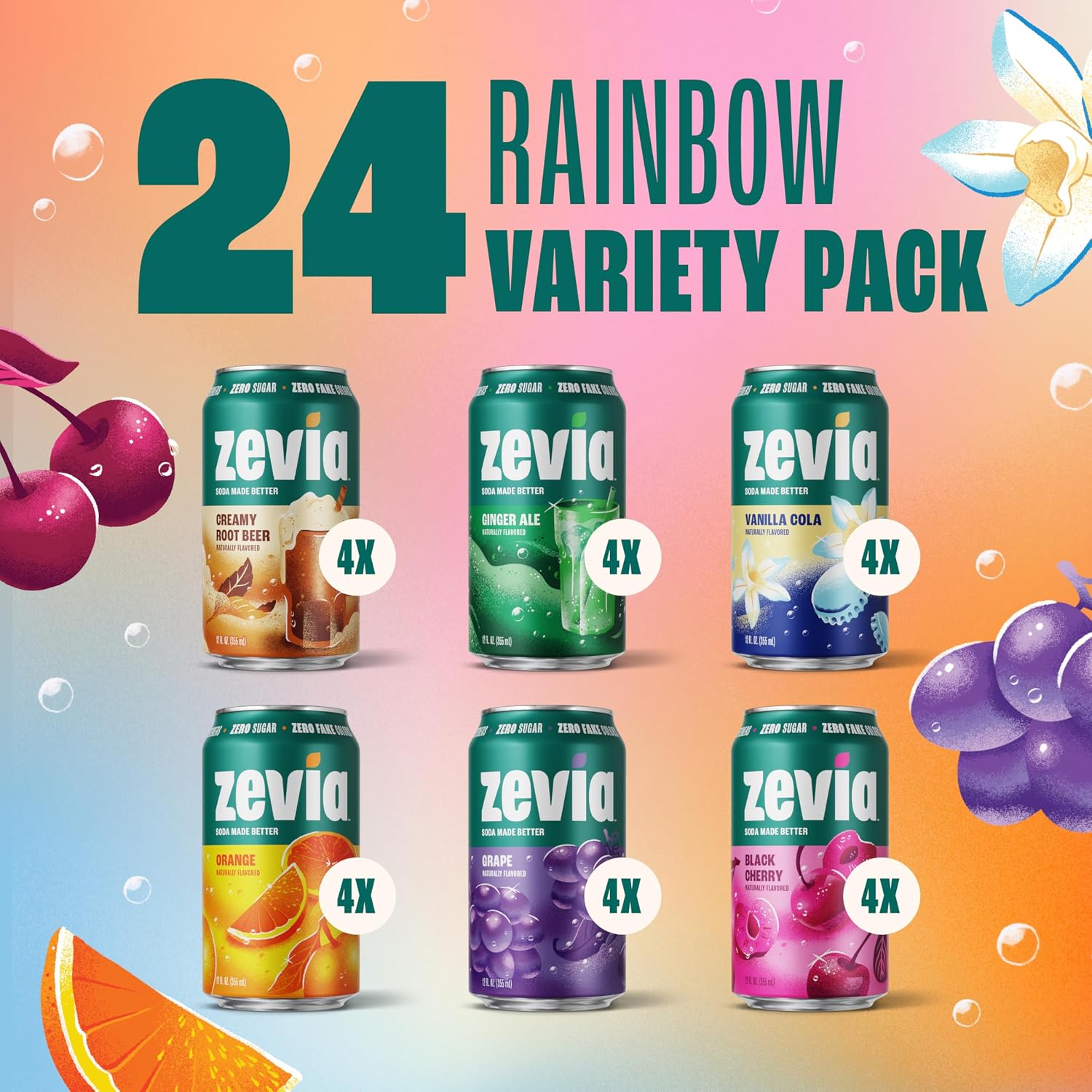 Zevia Zero Sugar Soda, Orange Creamsicle, 12 oz Cans (24-Pack) – Caffeine Free, Naturally Sweetened, No Calorie Soda - Non-GMO Project Verified, Gluten-Free, Vegan