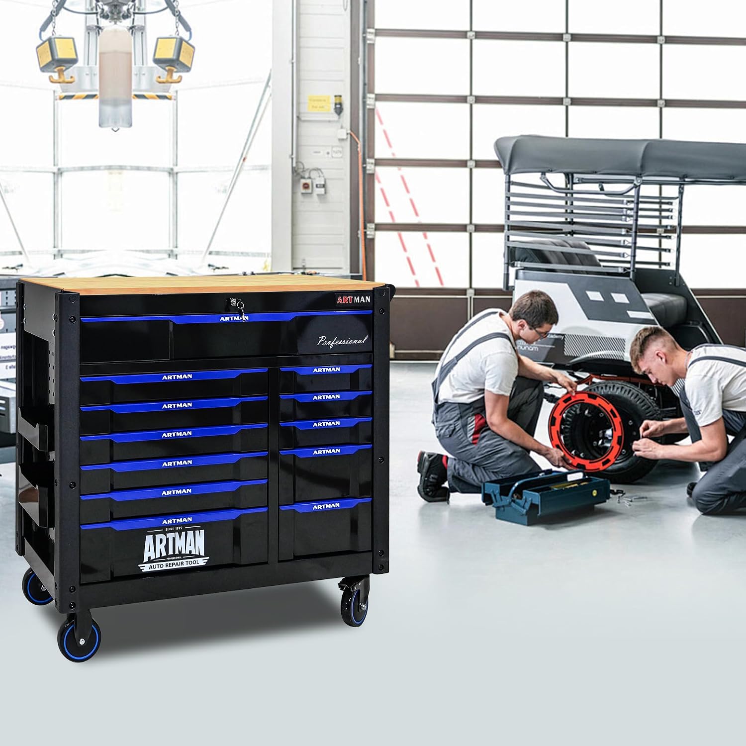12-Drawer Rolling Tool Chest with Wood Top, Heavy Duty Cabinet | Heavy-duty metal tool chest with 12 drawers
