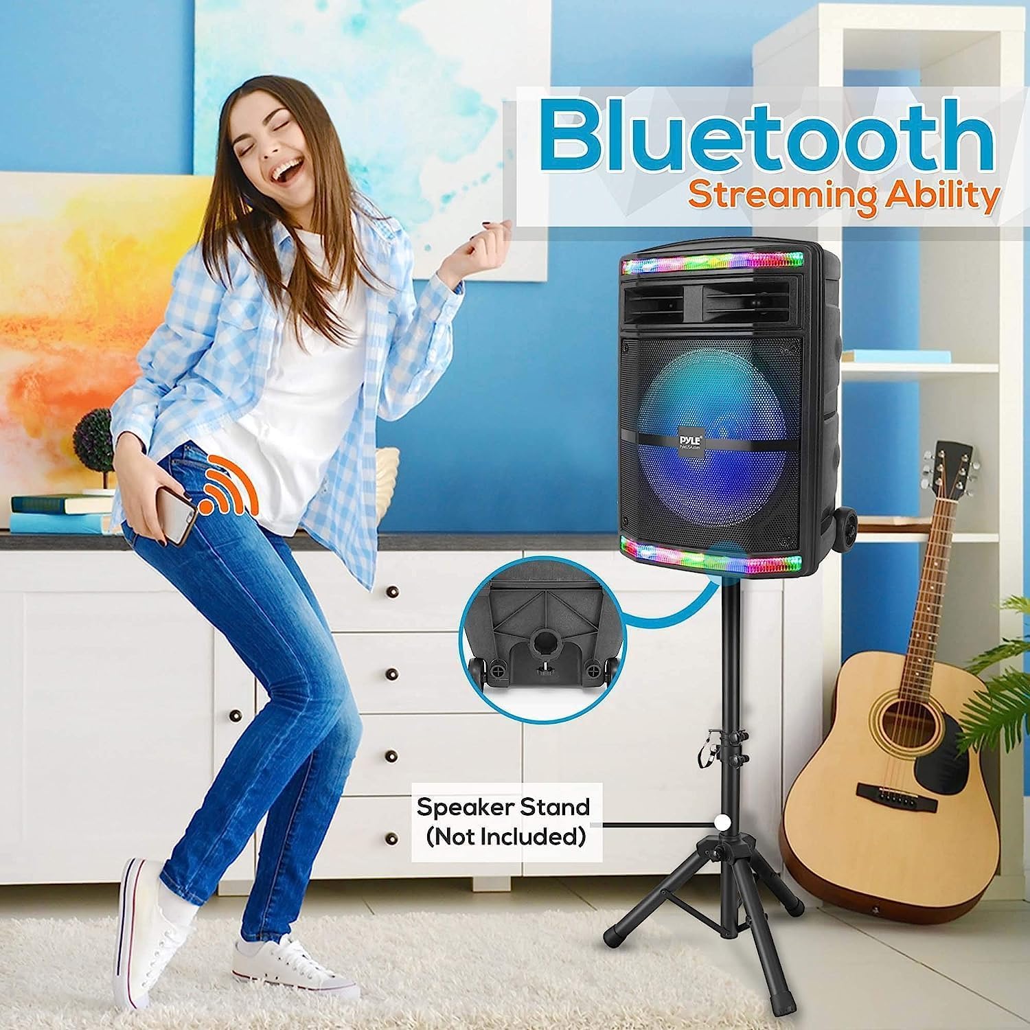 Pyle Portable Bluetooth PA Speaker System - 600W Bluetooth Speaker Portable PA System W/ Rechargeable Battery, Party Lights, MP3/USB SD Card Reader