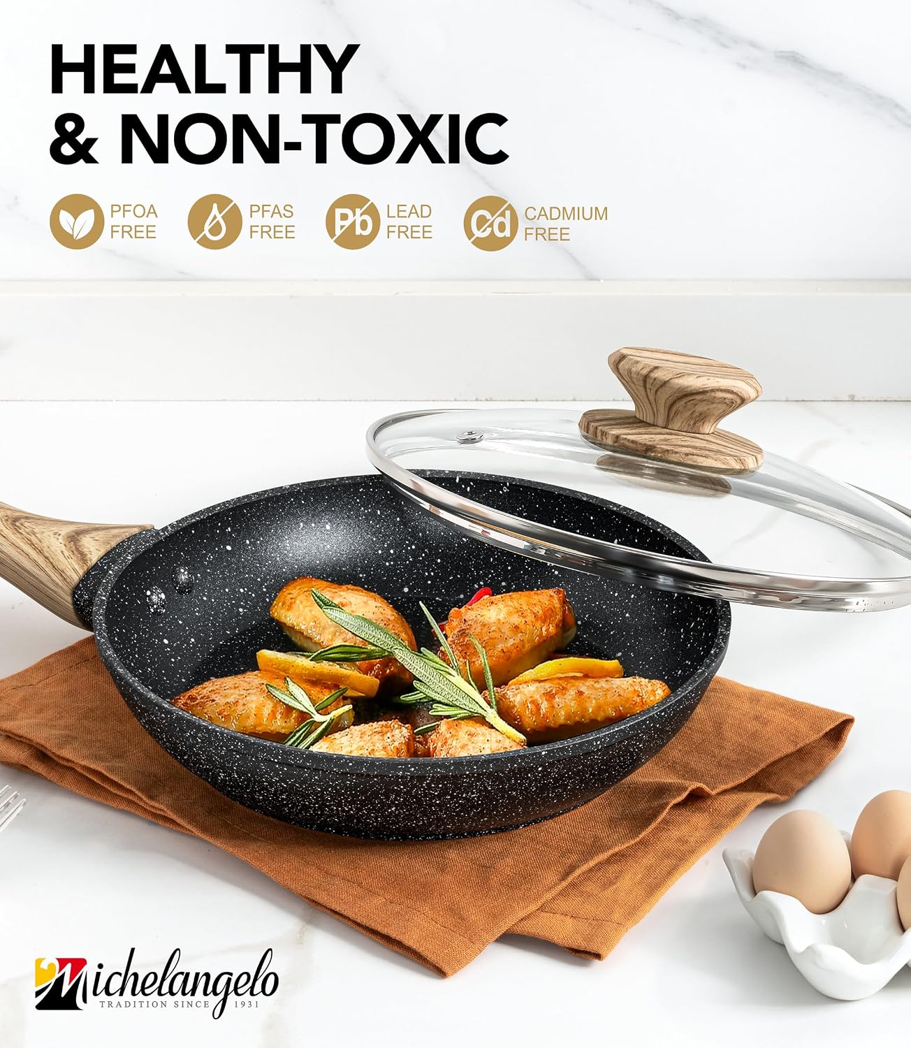 MICHELANGELO 8 Inch Nonstick Frying Pan with Lid, Non Stick Small Frying Pan with Non-Toxic Coating, Non-Stick Skillet with Ergonomic Handle