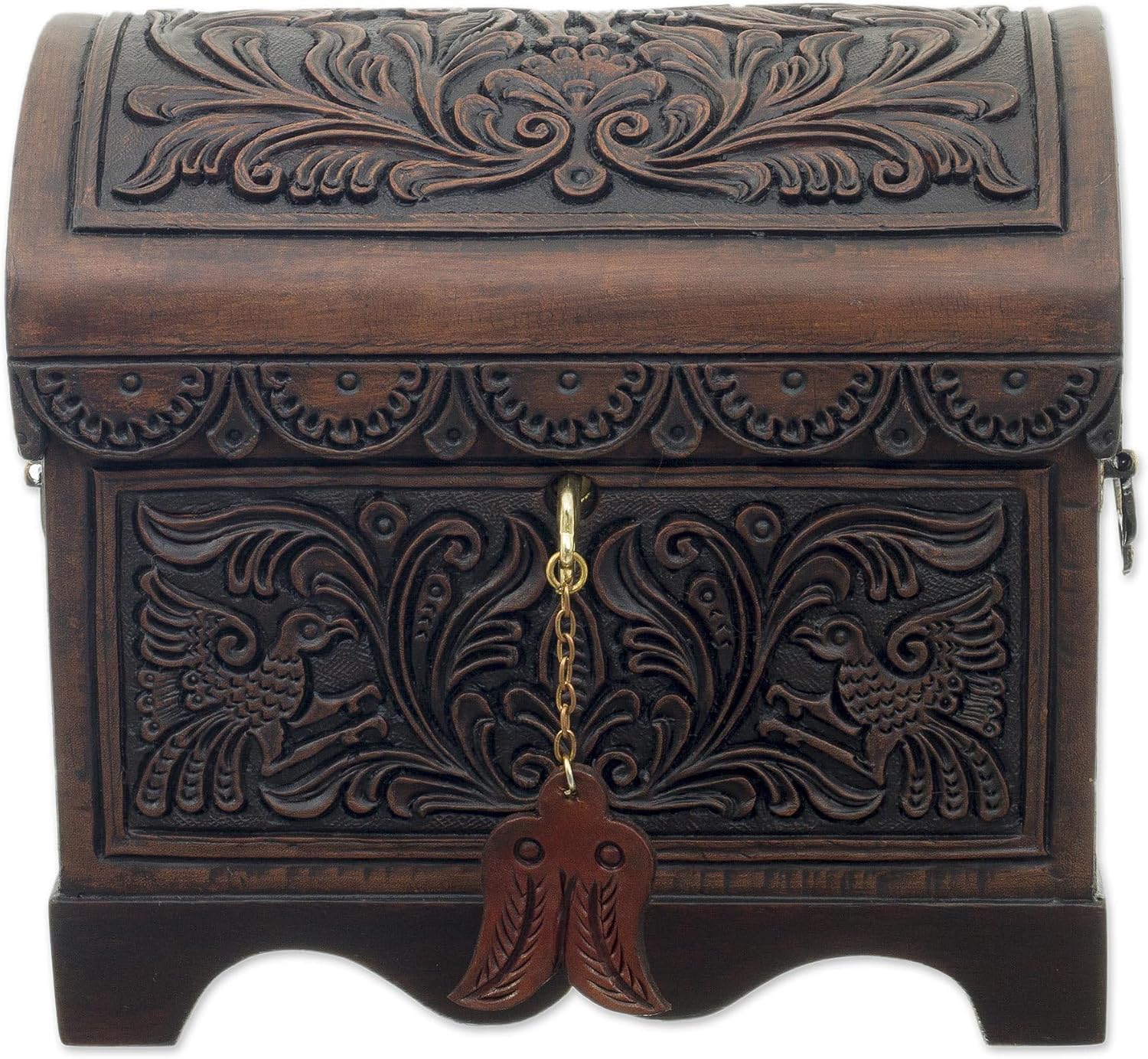 NOVICA Artisan Handmade Cedar and Leather Decorative Box | Floral Bird Motif | Brown Wood Accessories | 'Andean Flight' | 7" H x 8.75" W x 7" D