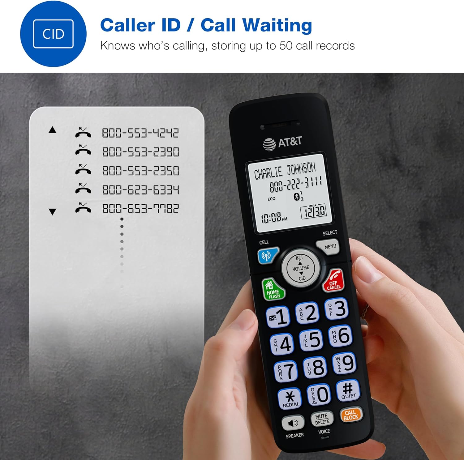 AT&T DL72219 DECT 6.0 2-Handset Cordless Phone for Home with Connect to Cell, Call Blocking, 1.8" Backlit Screen, Big Buttons, intercom