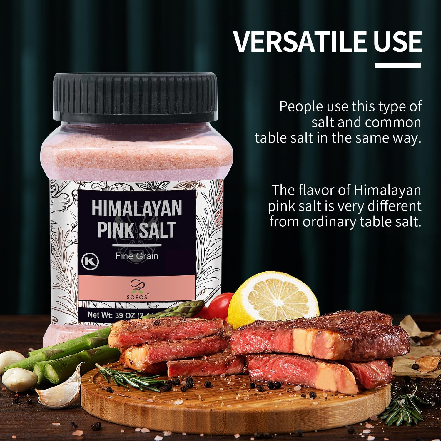Soeos Himalayan Pink Salt, Fine Grain, 39 oz (2.4lb), Bottled
