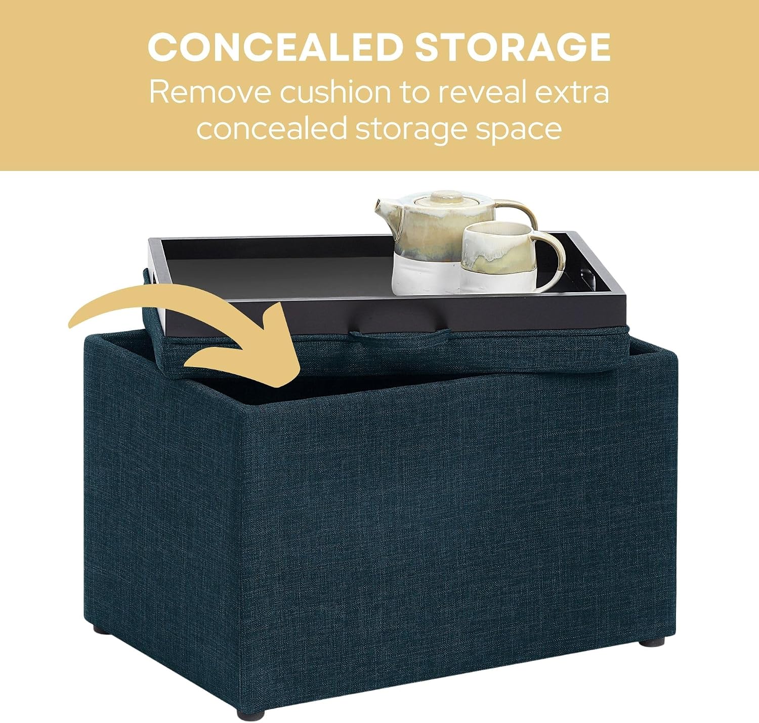 Convenience Concepts Designs4Comfort Accent Storage Ottoman 22.75" - Modern Foot Stool with Decorative Tray for Living Room, Dining Room, Office, Blue Faux Leather