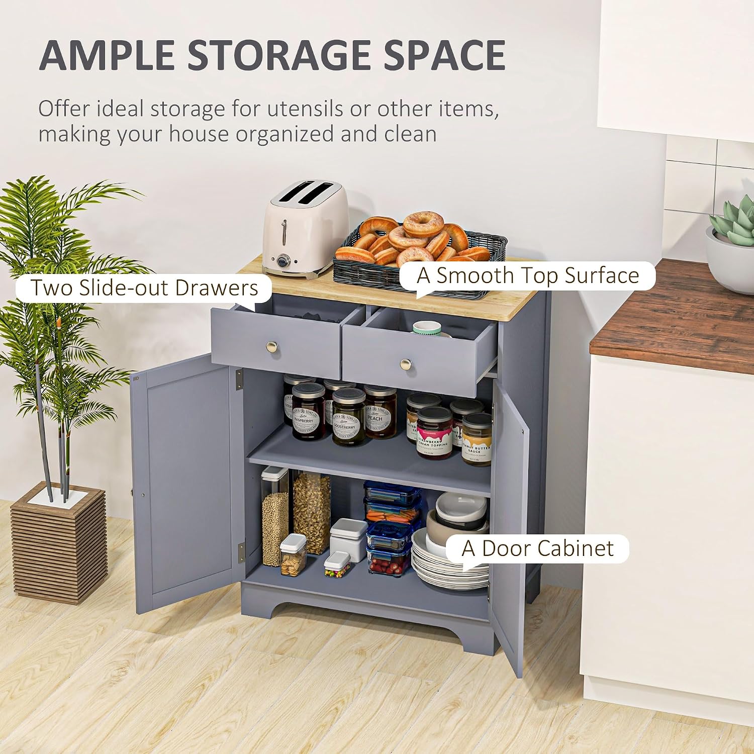 HOMCOM Sideboard Buffet Cabinet Solid Wood Countertop White