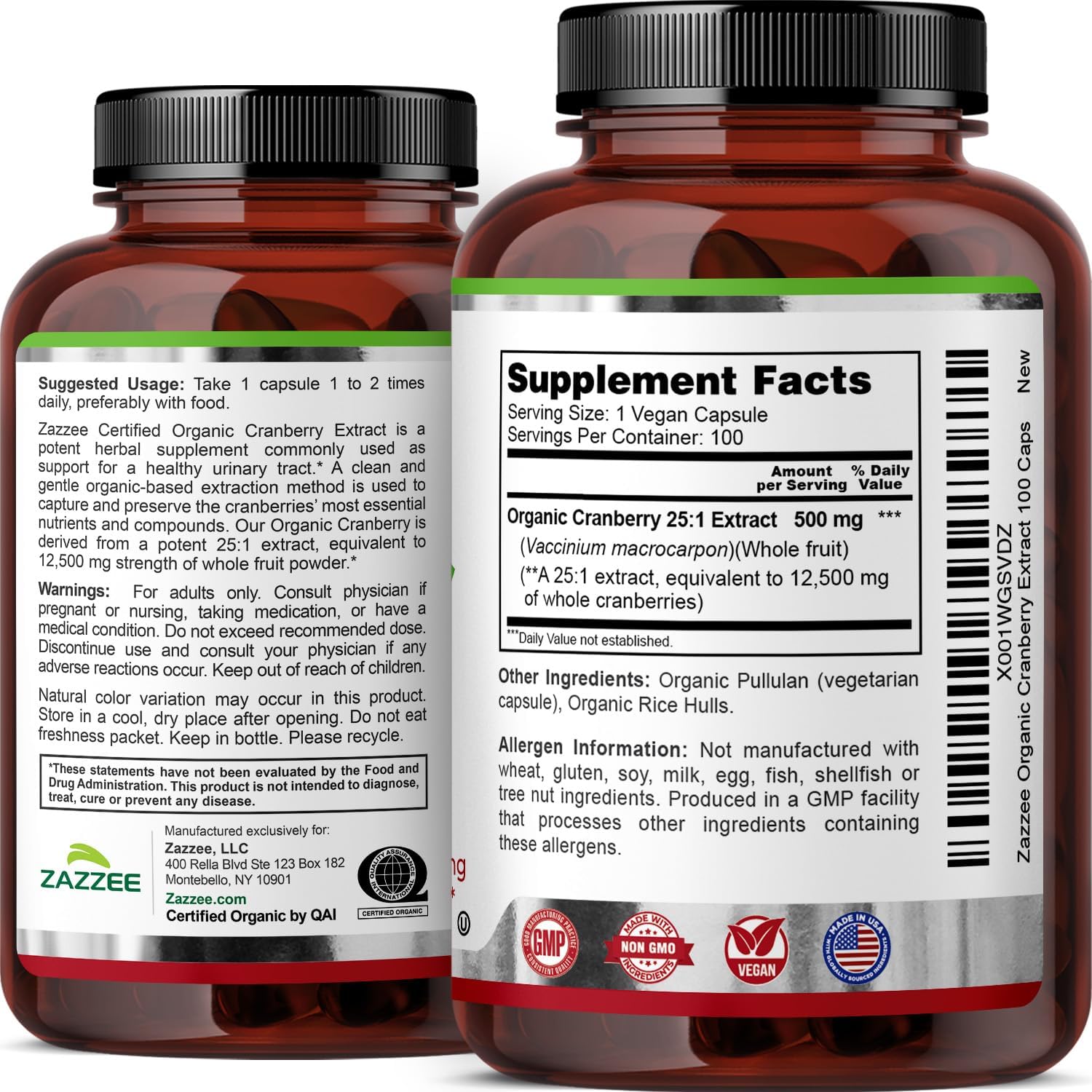 Zazzee USDA Organic Cranberry 25:1 Extract, 500mg per Capsule, 100 Capsules | Vegan, 3+ Month Supply, Certified Kosher, Vaccinium Macrocarpon, Non-GMO, Made in the USA
