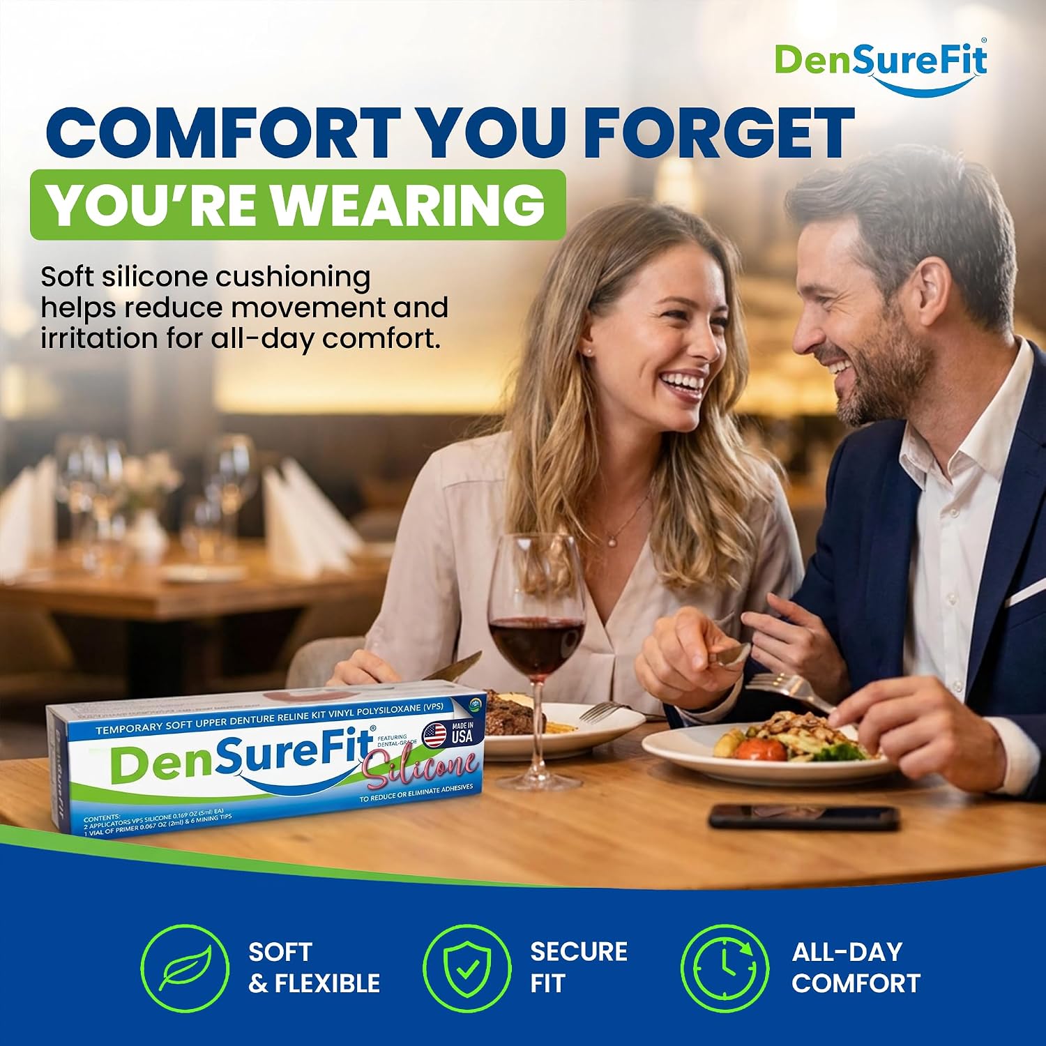 DenSureFit Lower Denture Reline Kit, Soft Silicone Liner | Soft silicone liner for loose lower dentures, helps improve fit