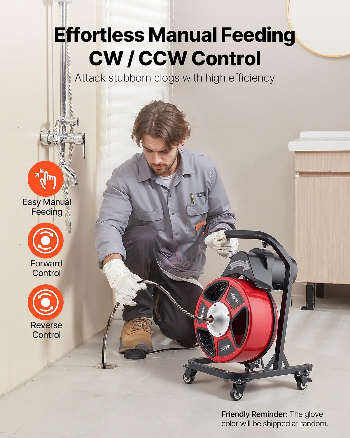 VEVOR Drain Cleaner Machine 75 FT x 3/8 Inch, Auto Feed Sewer Snake Auger on Wheels, Portable Drain Cleaning Machine with 4 Cutters & Air-activated Foot Switch for 2" to 4" Pipes