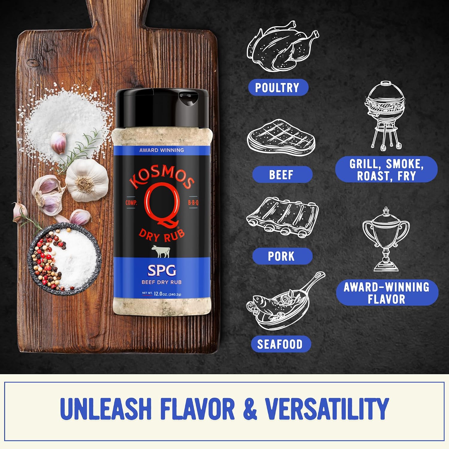 Kosmos Q SPG BBQ Dry Rub, Bold Salt Pepper Garlic Blend with Organic Cane Sugar, BBQ Seasoning for Brisket, Chicken, Steak, Ribs, Pork